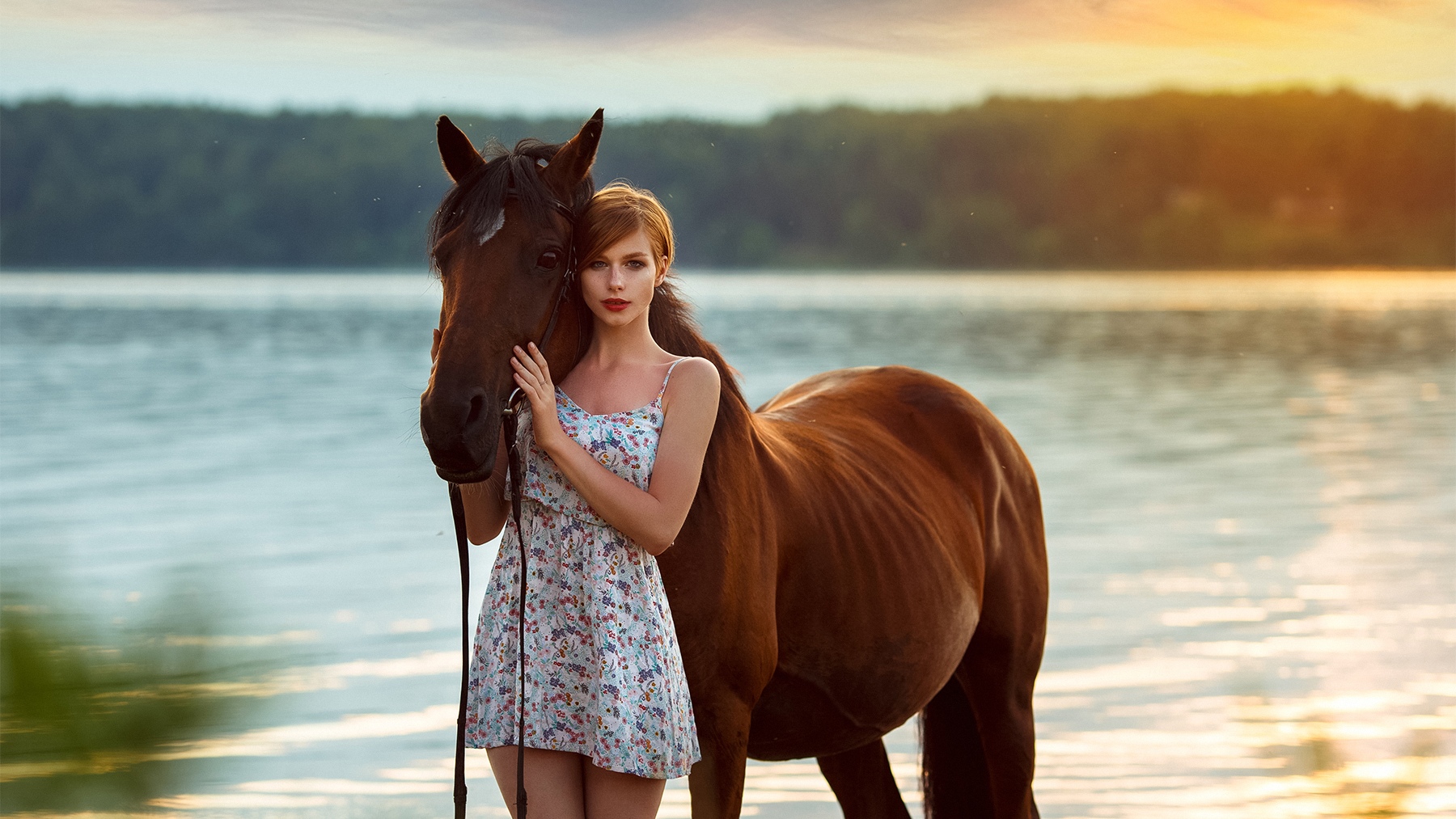 Anastasia Zhilina Women Short Hair Redhead Red Lipstick Looking At Viewer Portrait Dress Horse Anima 1800x1013