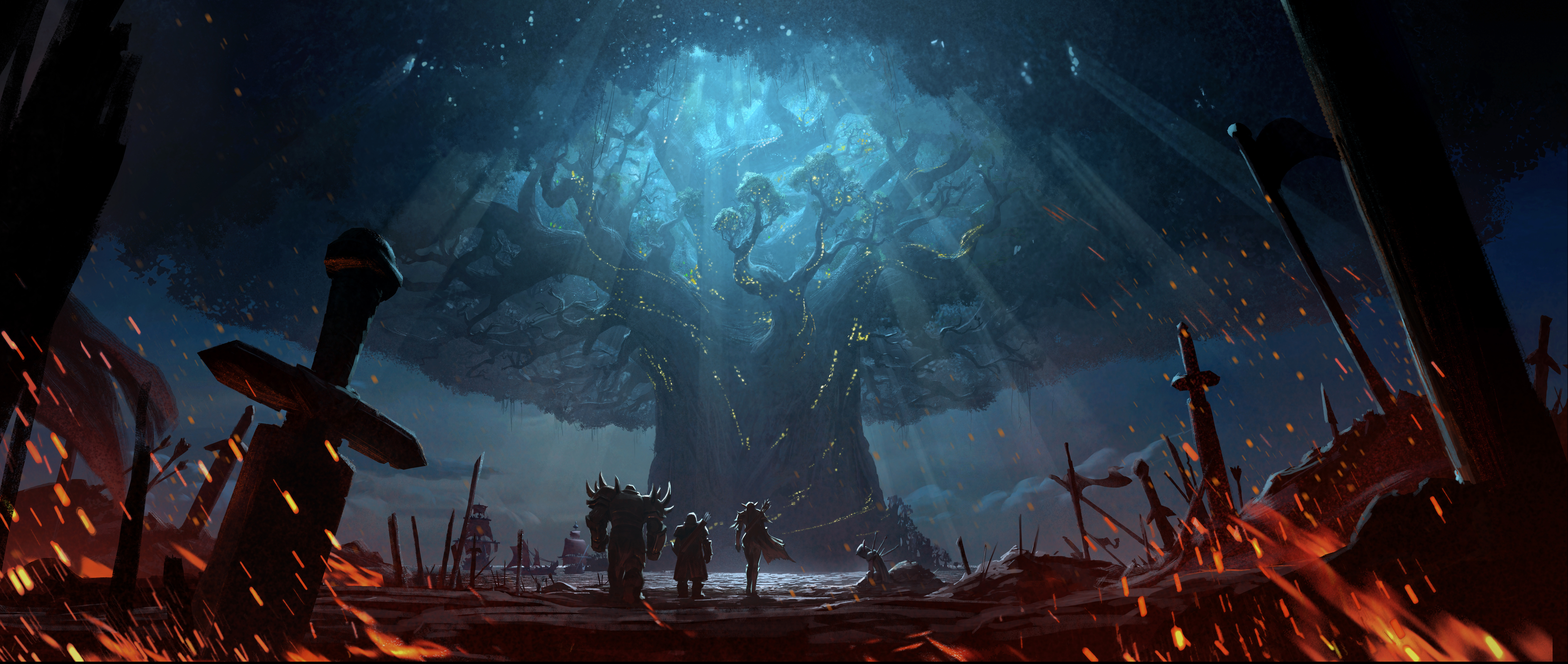 World Of Warcraft Battle For Azeroth Video Games Warcraft Alliance Teldrassil Fire Sword Trees World 10000x4235