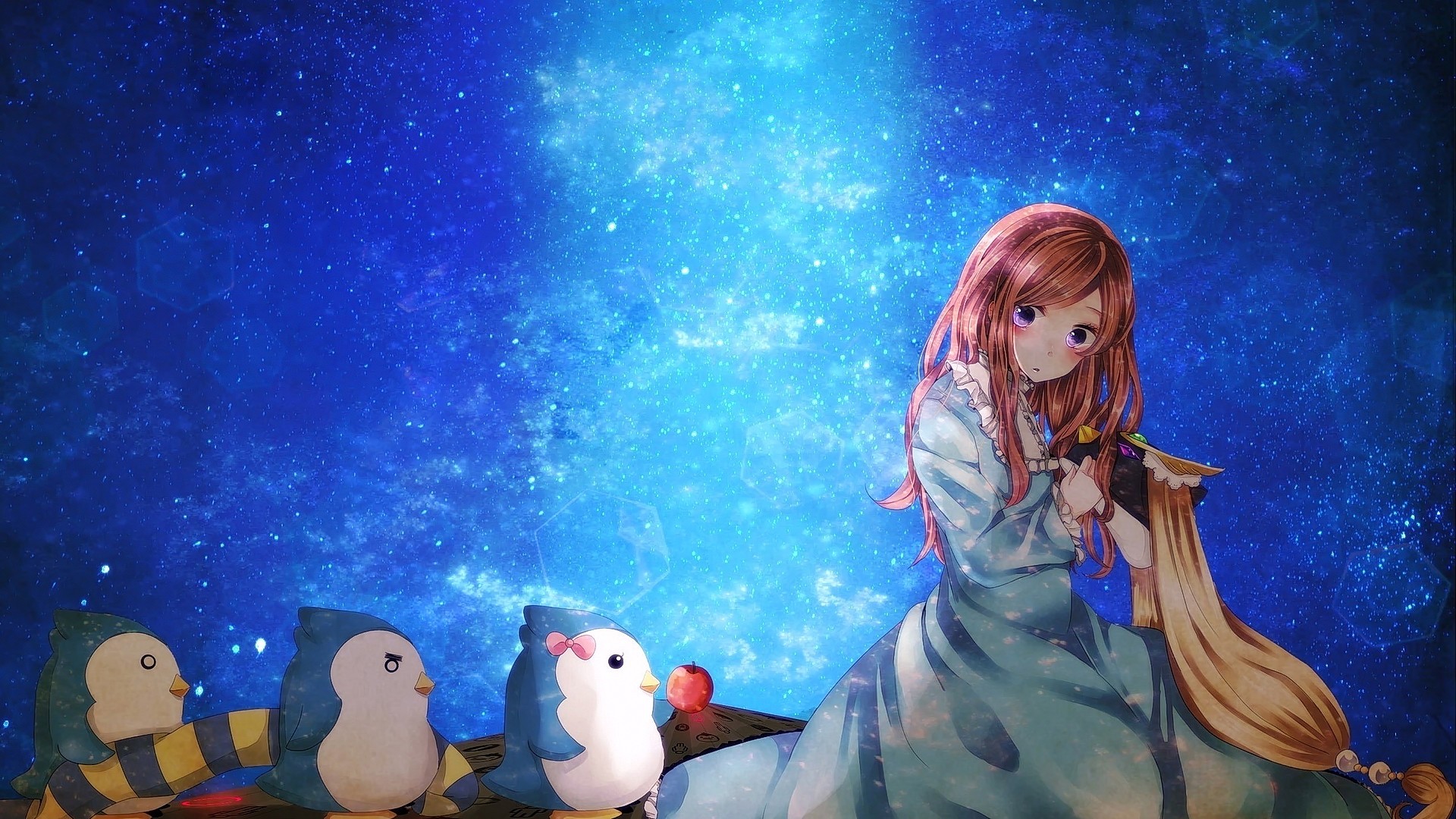 Mawaru Penguindrum Anime Girls Anime Sky Dress Apples Night Sky 1920x1080