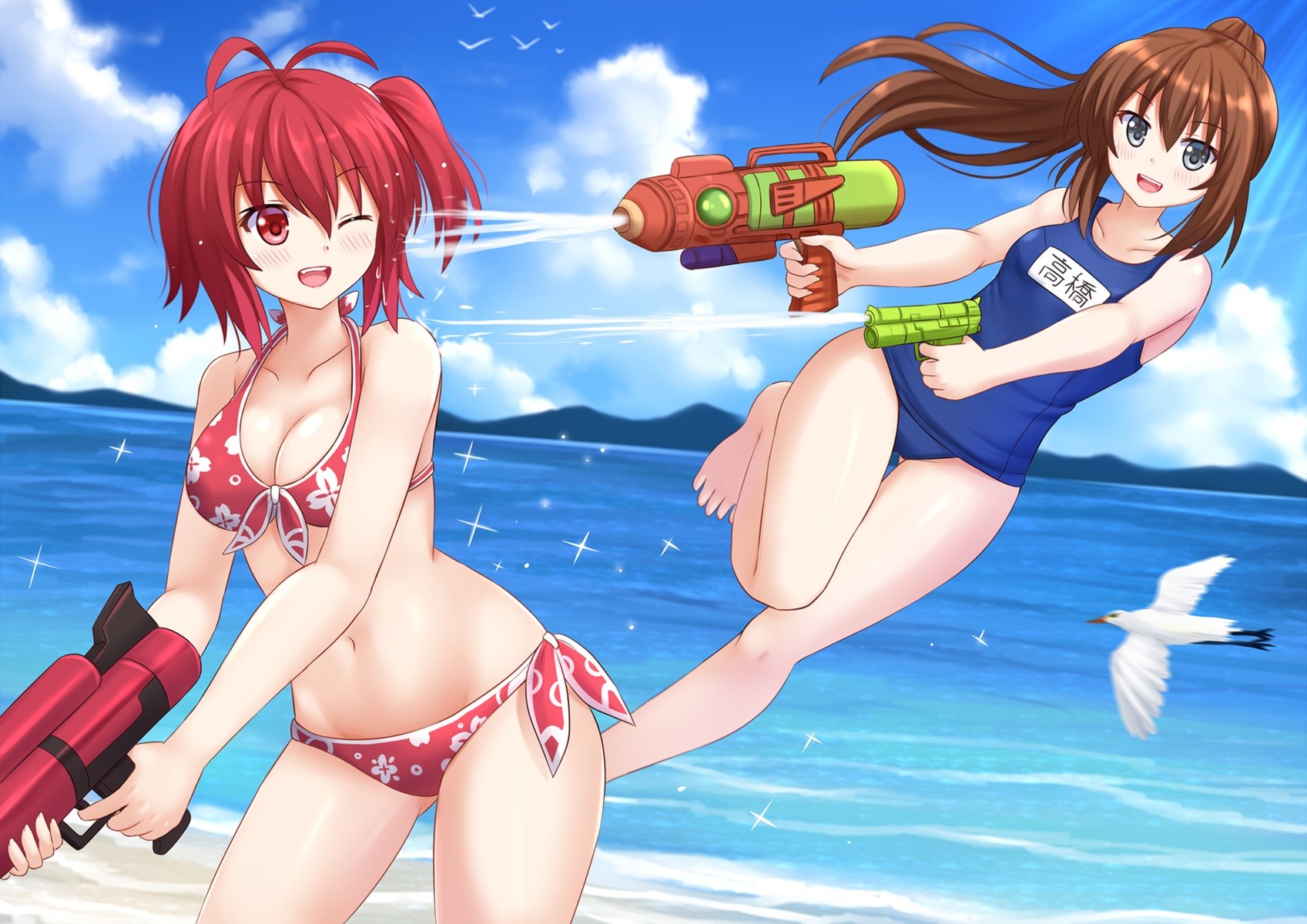Anime Anime Girls Sea Beach Water Guns 1697x1200