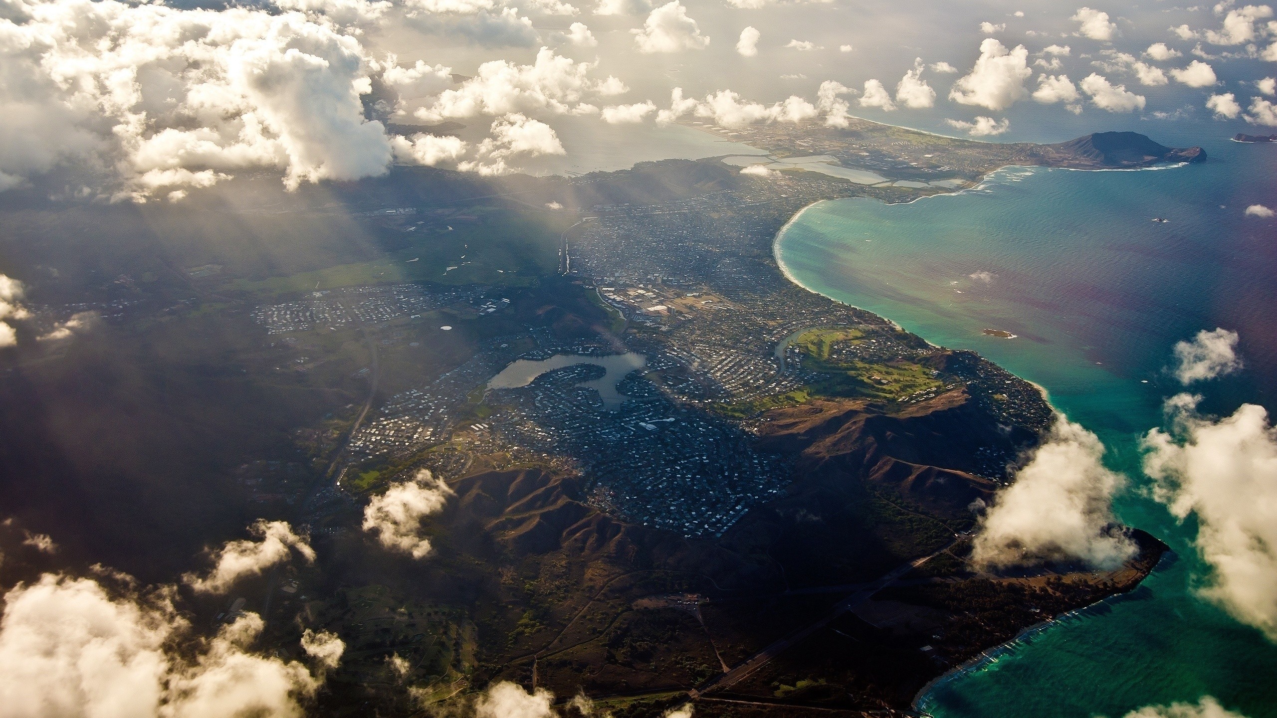 Oahu Hawaii Sea Island Landscape City Beach Sunlight Aerial View 2560x1440