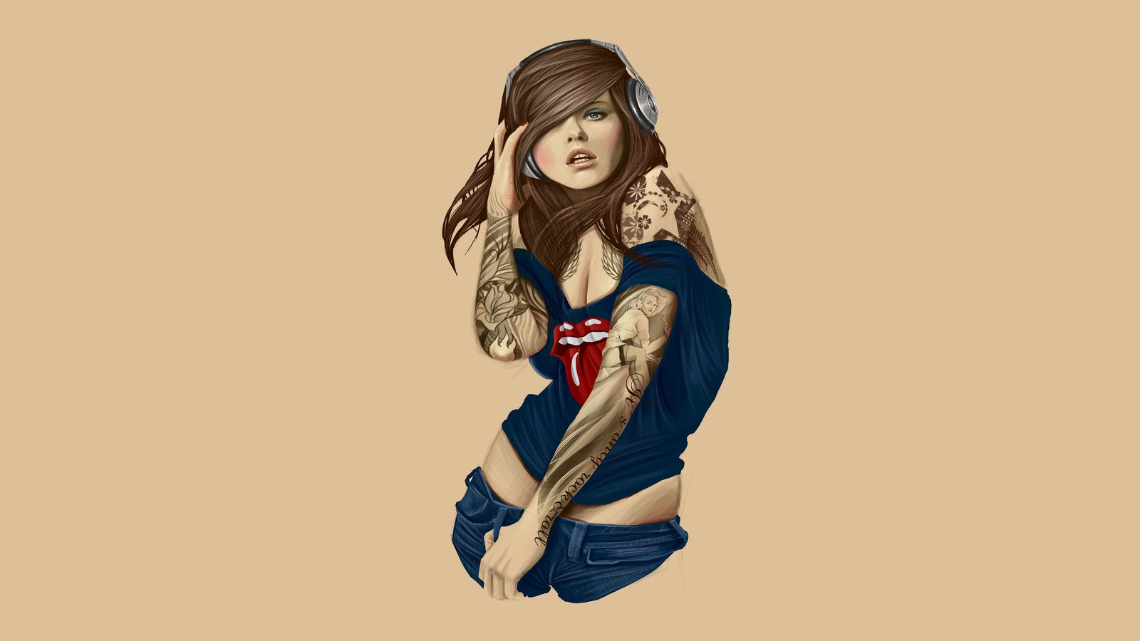 Women Headphones Tattoo Rolling Stones Artwork Simple Background 1600x900