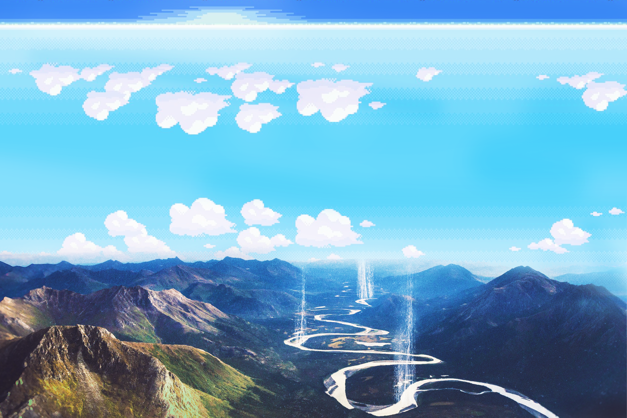 Mountains Sky 8 Bit 16 Bit Gravity Landscape Pokemon Cyan 2200x1468