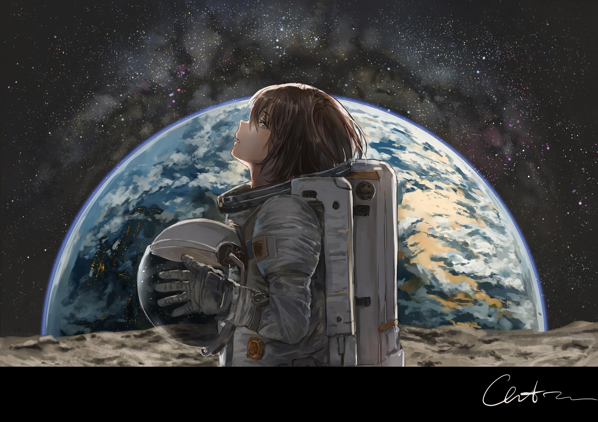 Artwork Science Fiction Astronaut Planet Earth Anime Girls Catzz Catzz 2000x1412