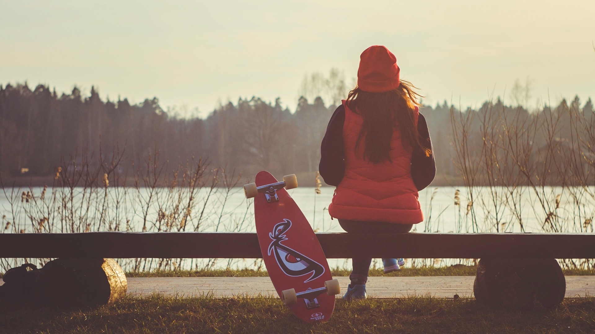 Skateboard Longboard Nature River Trees 1920x1080