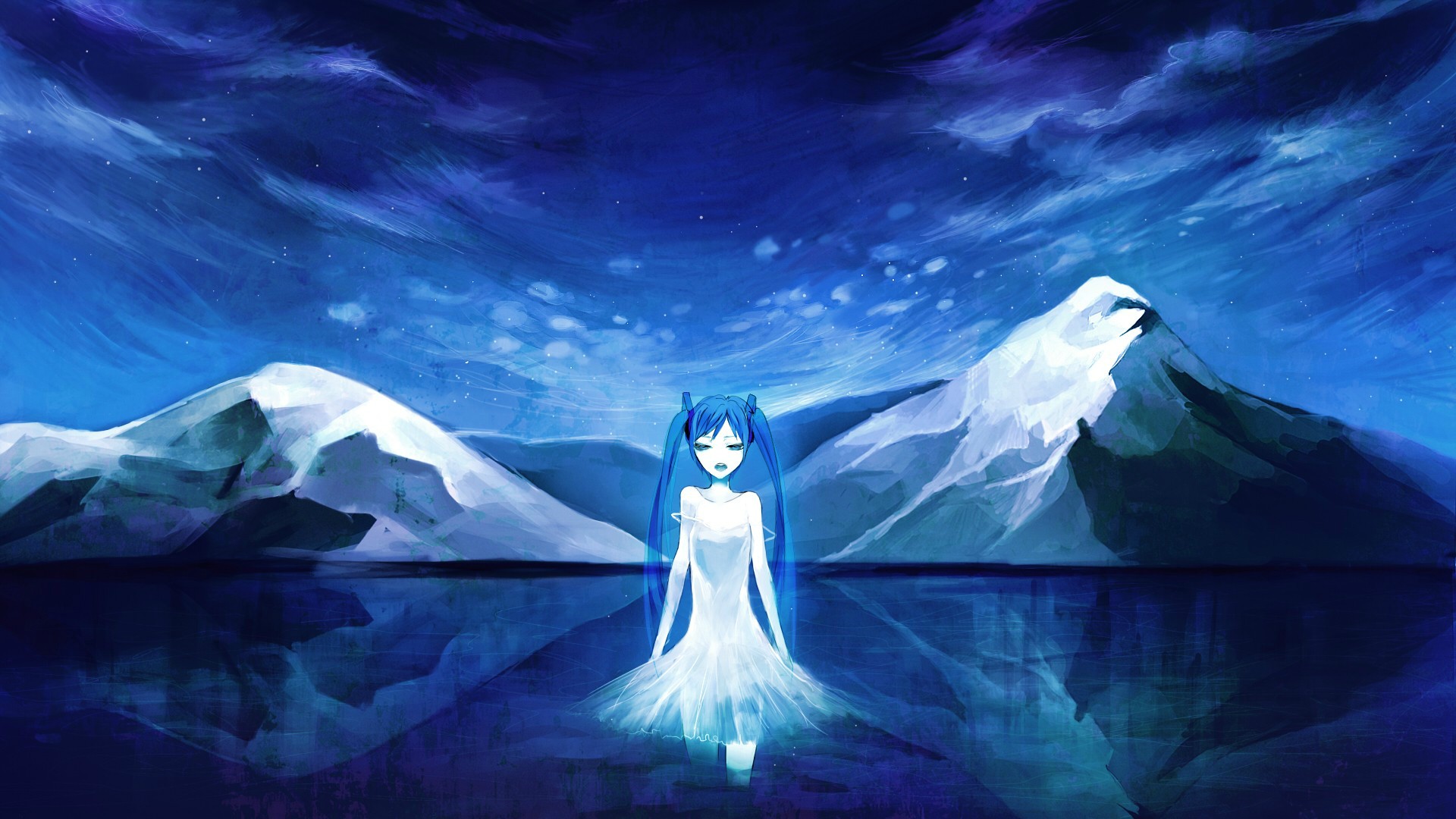Hatsune Miku Hatsune Miku Append Anime Anime Girls Blue Blue Hair Outdoors Sky Water Reflection 1920x1080