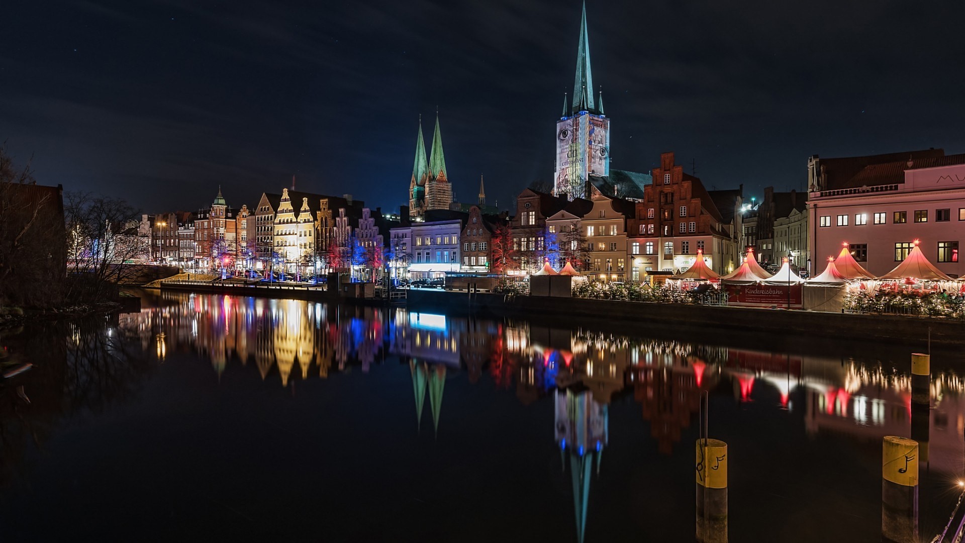 Architecture City Cityscape Building Germany River Night Clouds Church House Lights Markets Trees To 1920x1080