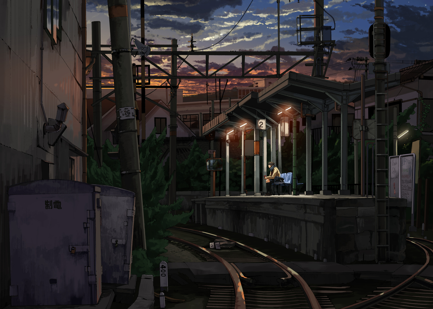 Building Digital Art Sunset Train Station Railway Isolation Clouds Sky Anime 1500x1071