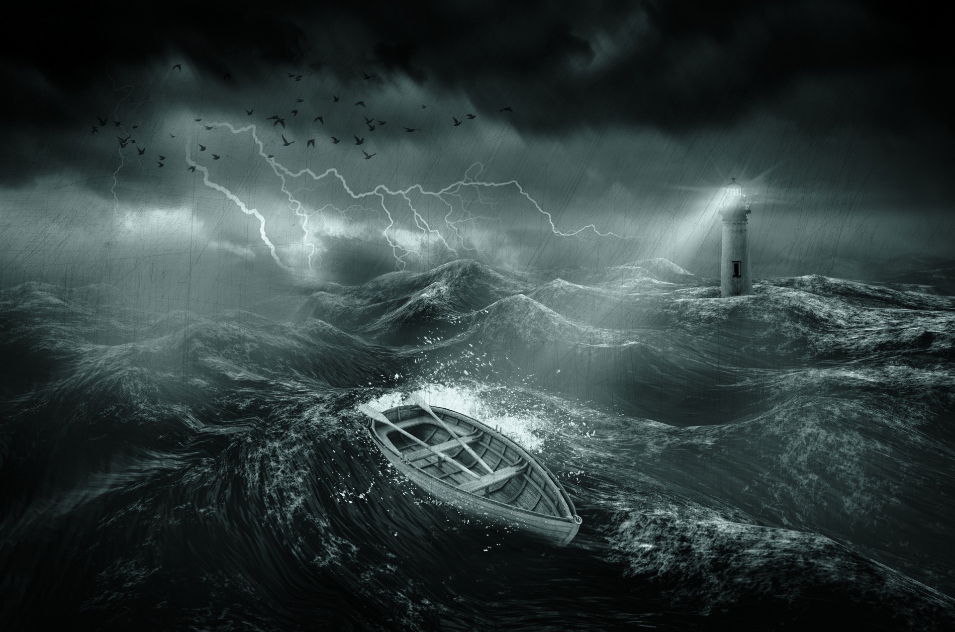 Nature Water Sea Waves Lighthouse Storm Lightning Dark Boat Rain Birds Clouds Lights Digital Art Scr 1920x1271