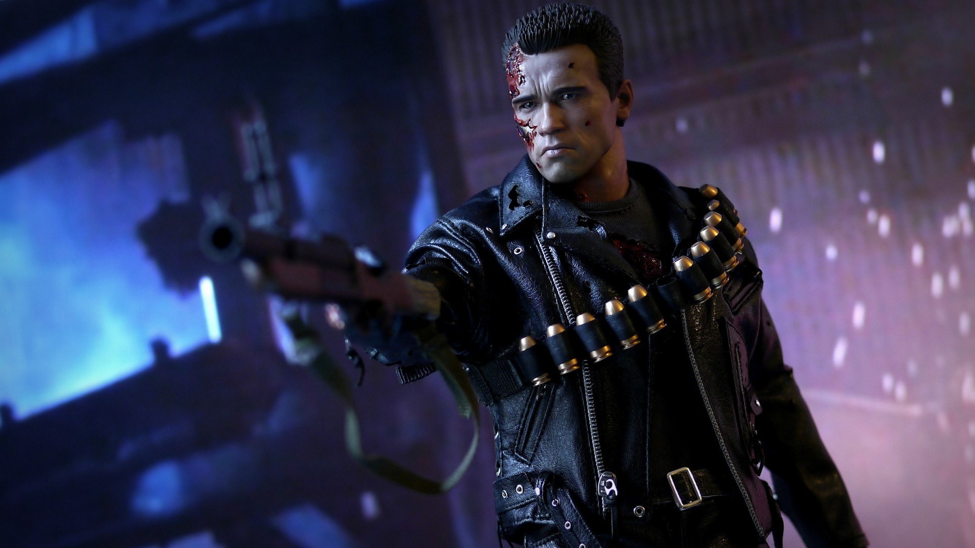Terminator Robot Arnold Schwarzenegger Leather Jackets Gun Armor Wounds Action Figures Toys Endoskel 1920x1080