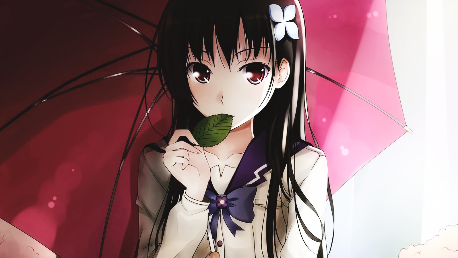 Anime Anime Girls Black Hair Umbrella Hair Ornament Leaves Simple Background Sankarea Sanka Rea 1596x899