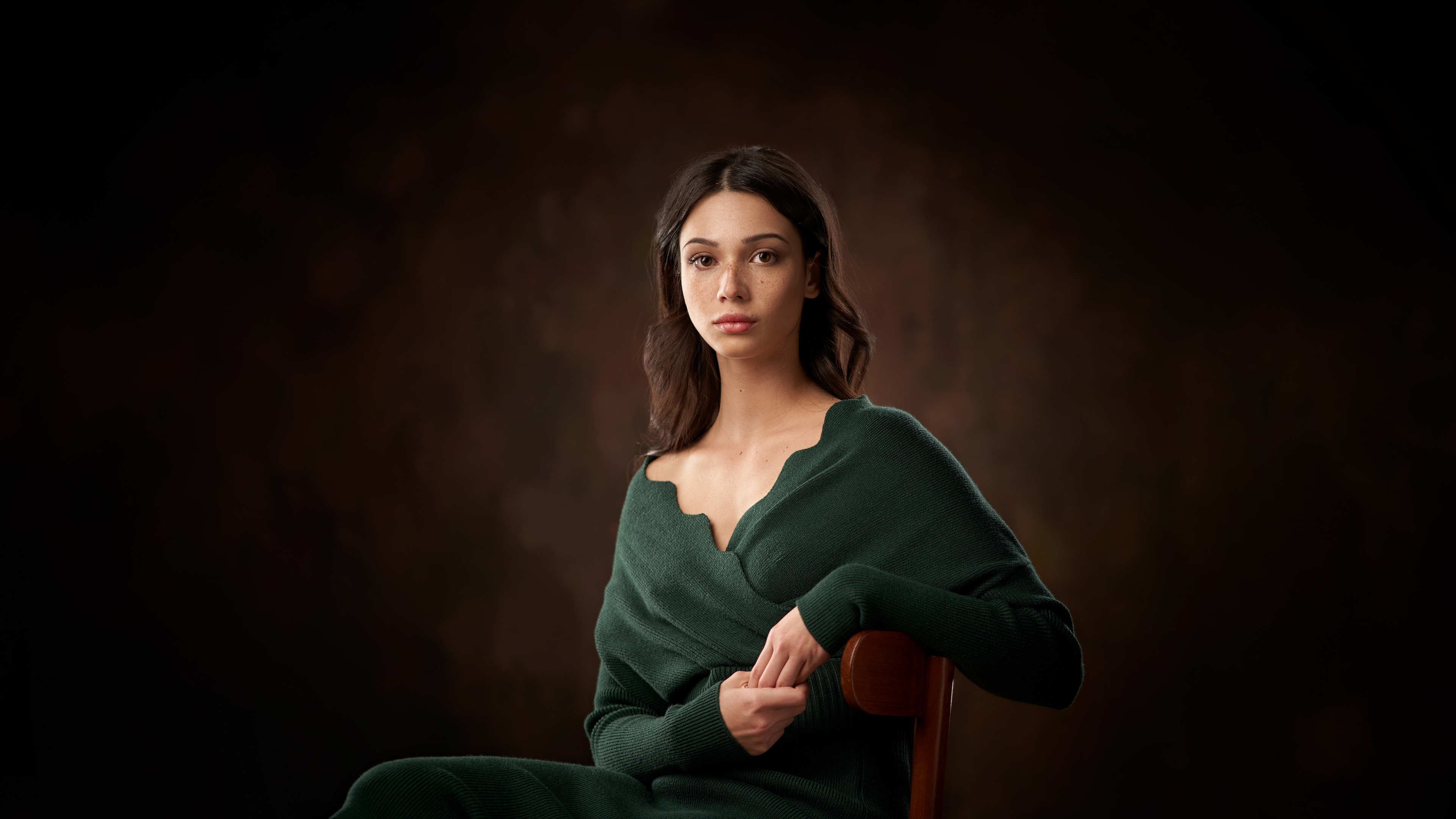 Mariya Volokh Women Model Brunette Portrait Looking At Viewer Brown Eyes Freckles Dress Sweater Dres 3840x2160