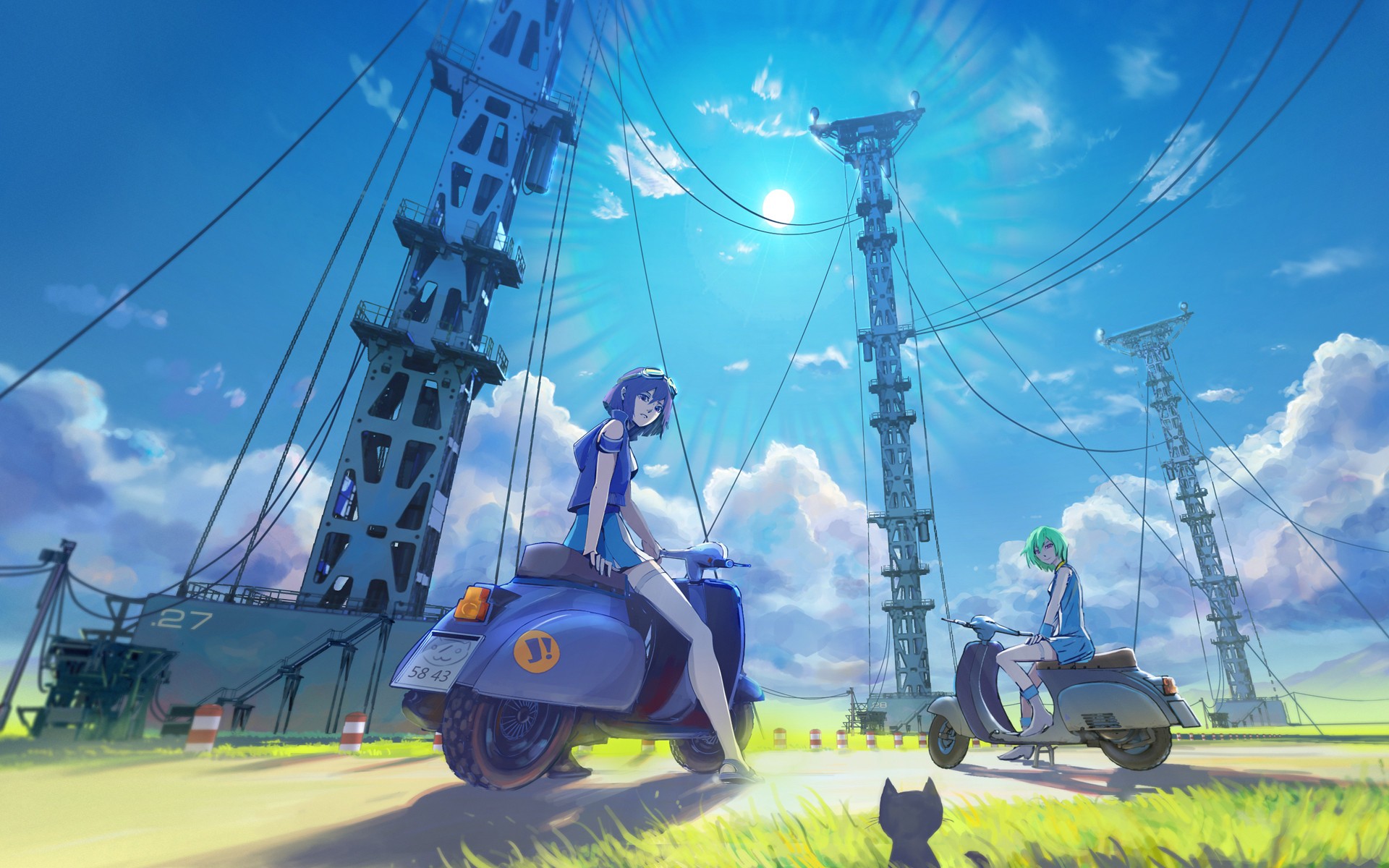 Anime Girls Cats Sun Rays Eureka Seven Scooters FLCL 1920x1200