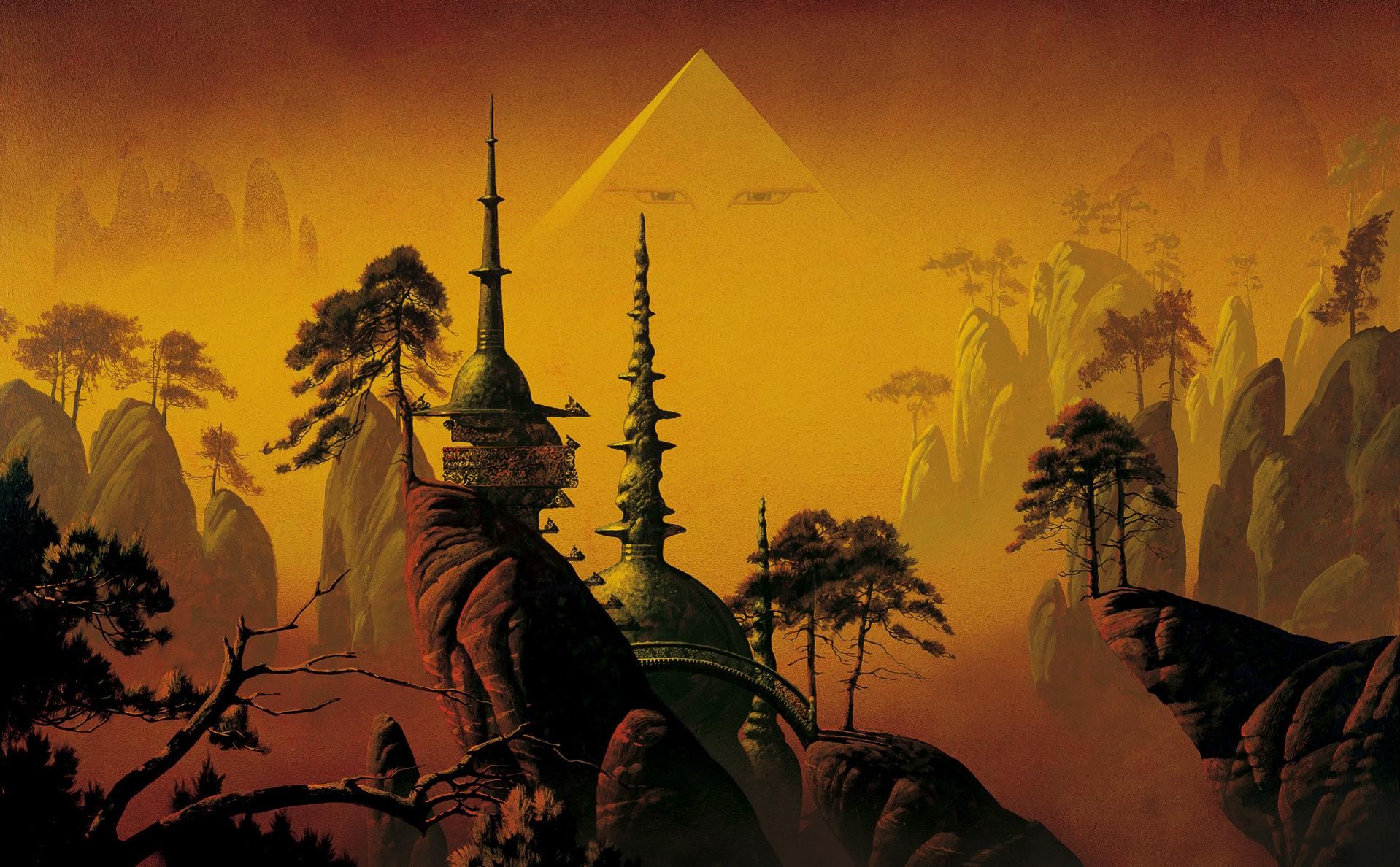 Fantasy Art Roger Dean Temple Cliff Pyramid Trees Eyes 1918x1188