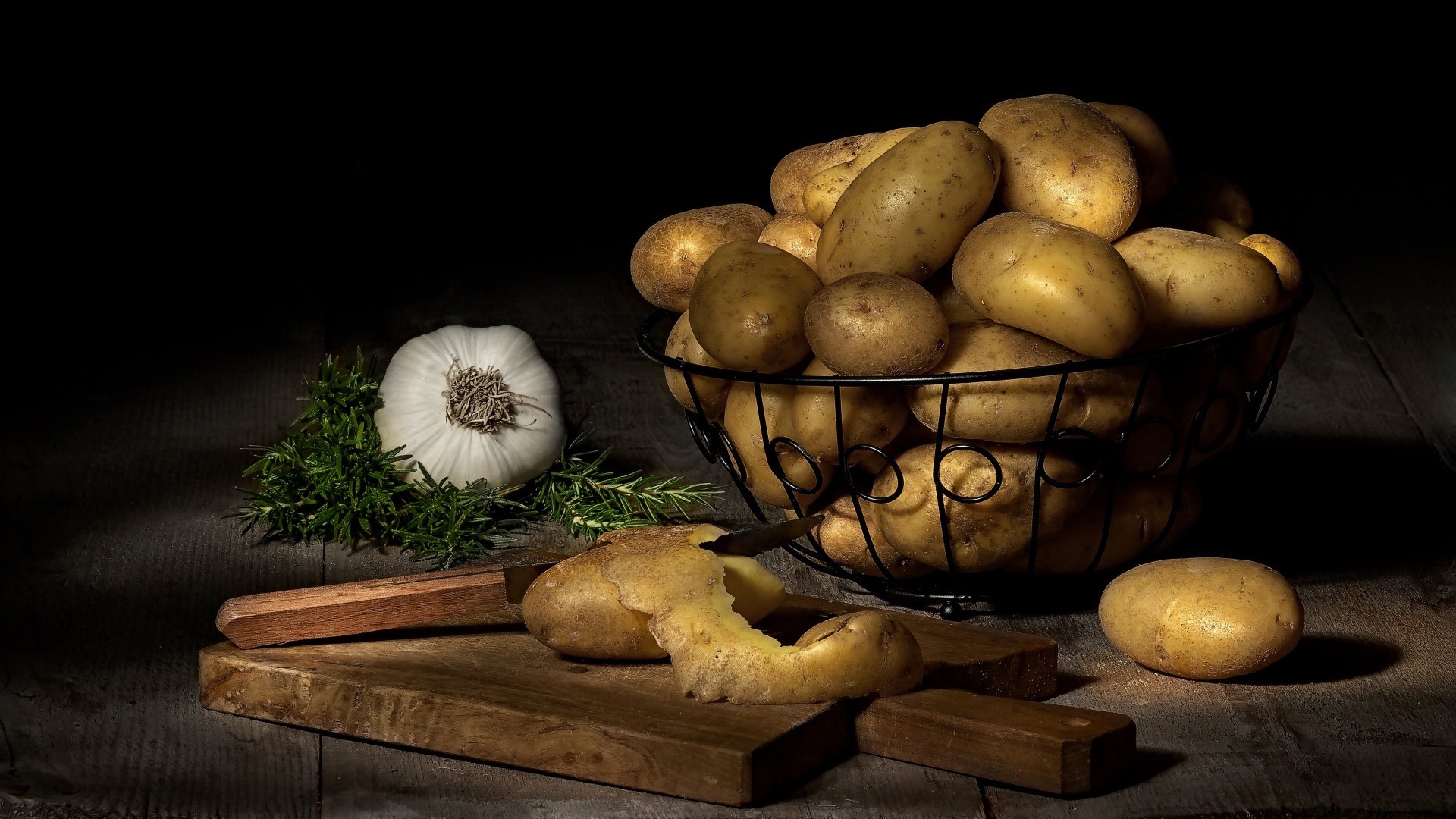 Still Life Potatoes Vegetables Food Garlic Cutting Board Knife Baskets Rosemary 1920x1080