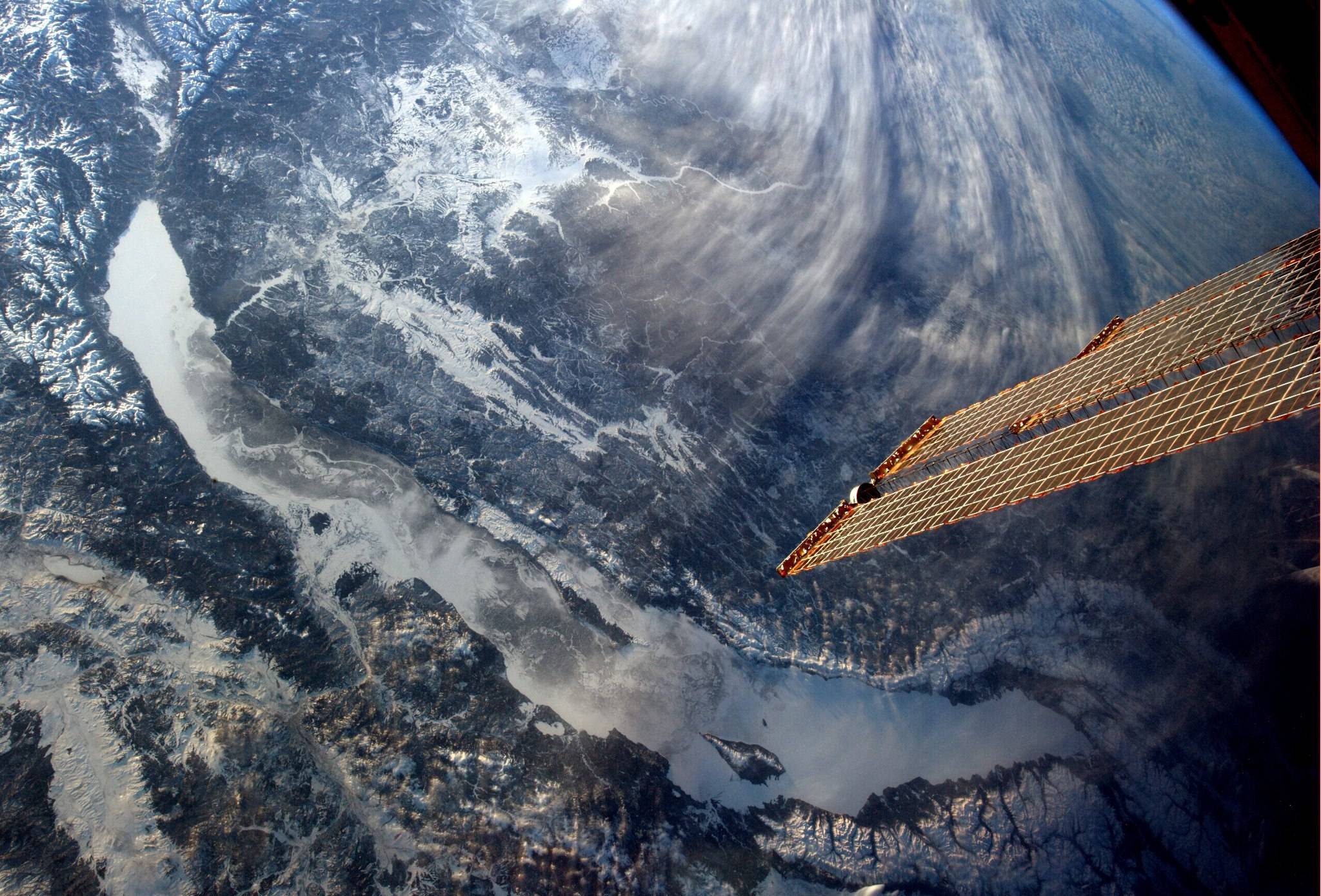 Orbital View Space Lake Satellite Planet Snow Russia Lake Baikal 2048x1389