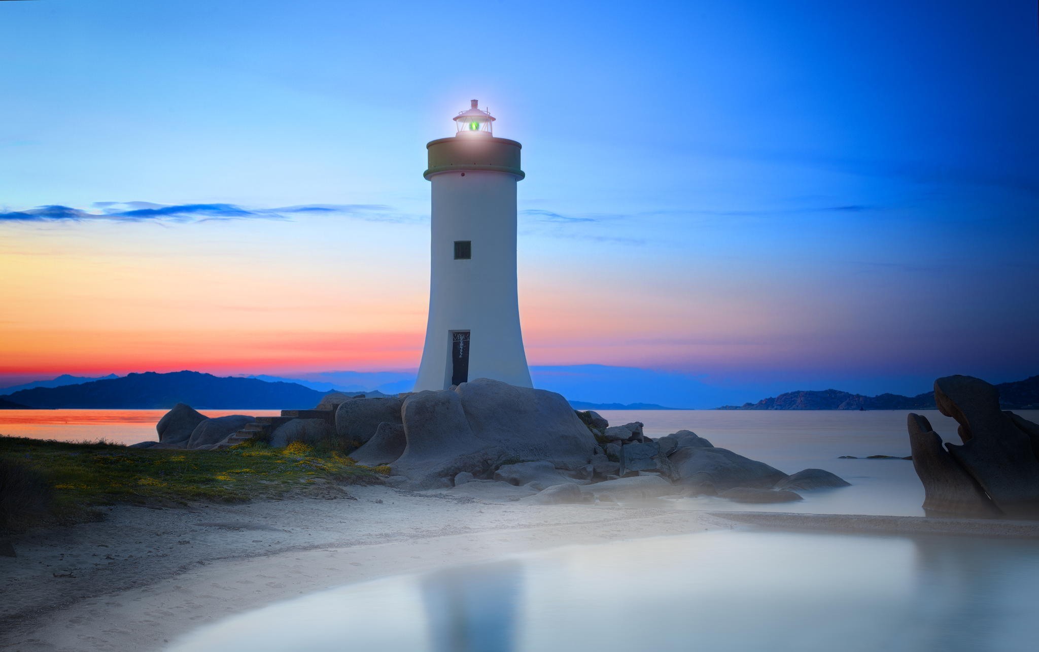 Italy Landscape Lighthouse Sardinia Sunset Sea Rock Cliff 2048x1285