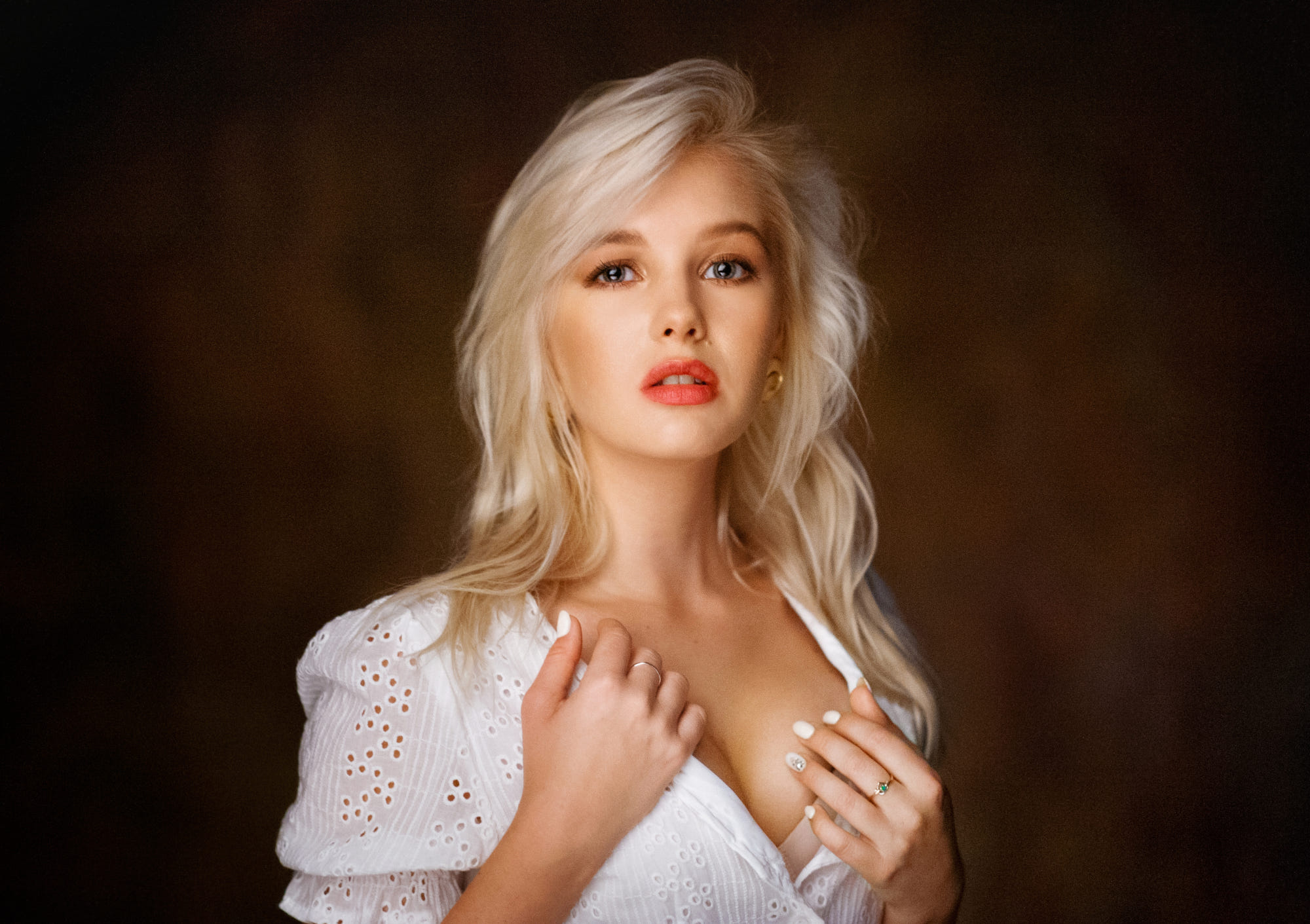 Women Blonde Blue Eyes Open Mouth White Shirt Maxim Maximov Christina Artemyeva 2000x1411
