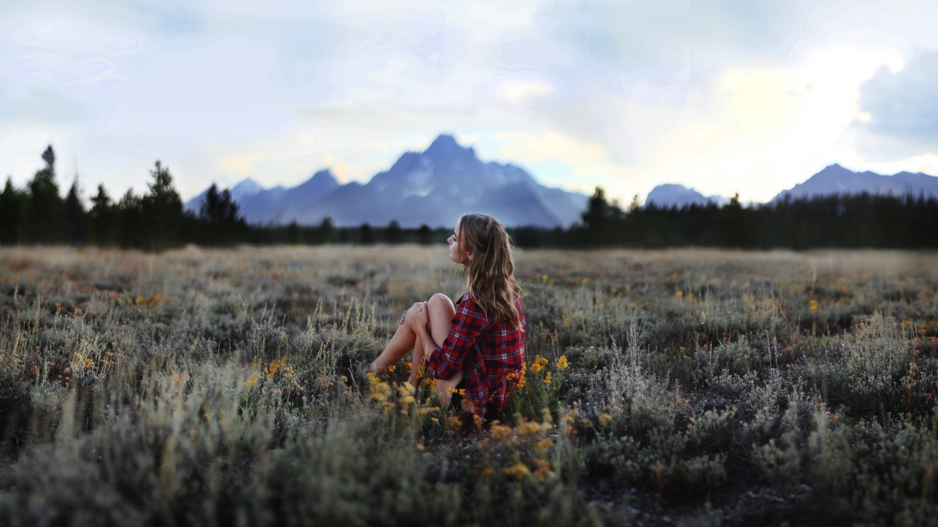 Women Blonde Forest Alone Landscape Mountains Introvert Women Outdoors Sitting Model Field 1920x1080