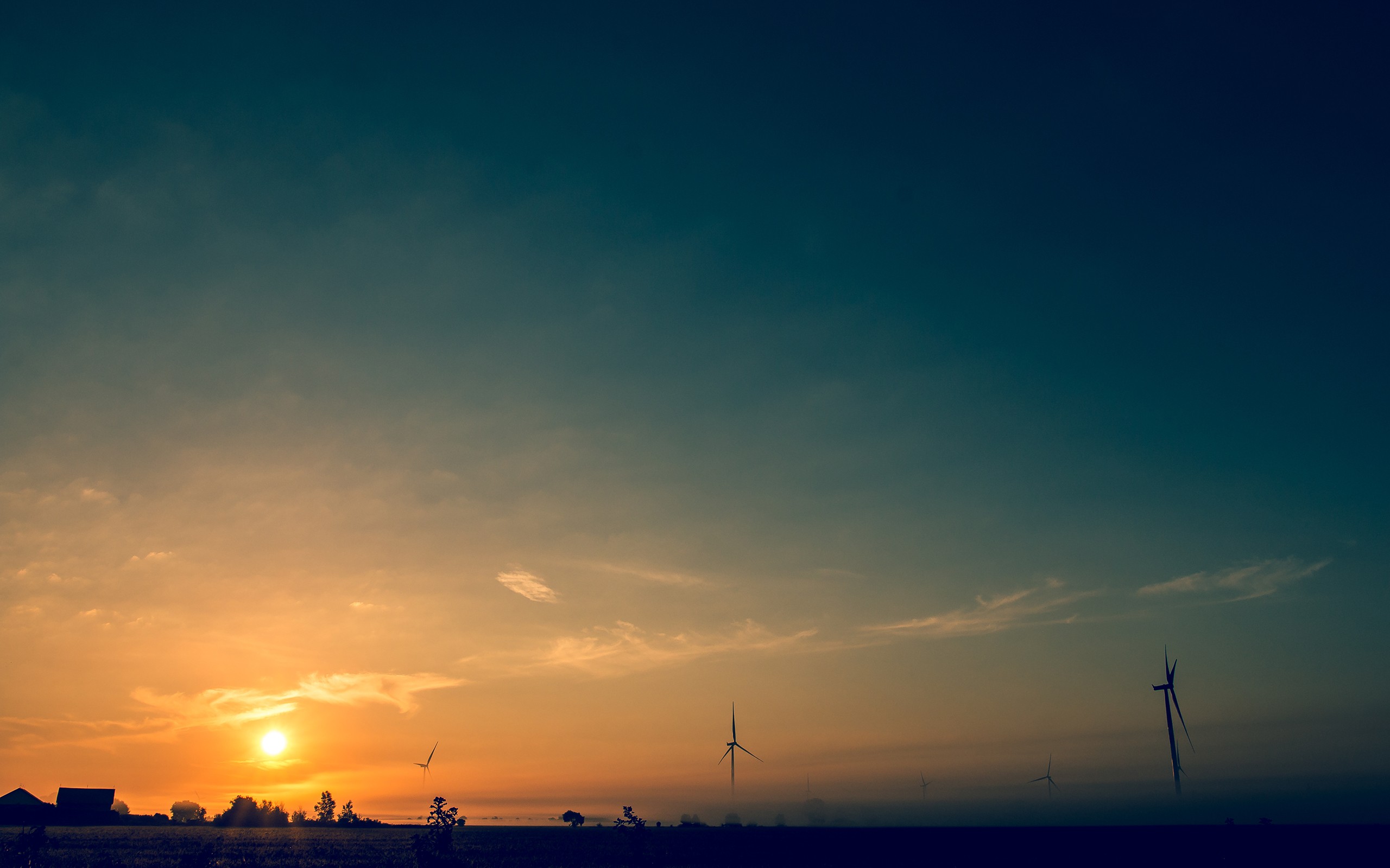 Landscape Wind Farm Mist Sunrise Morning Orange Sky 2560x1600