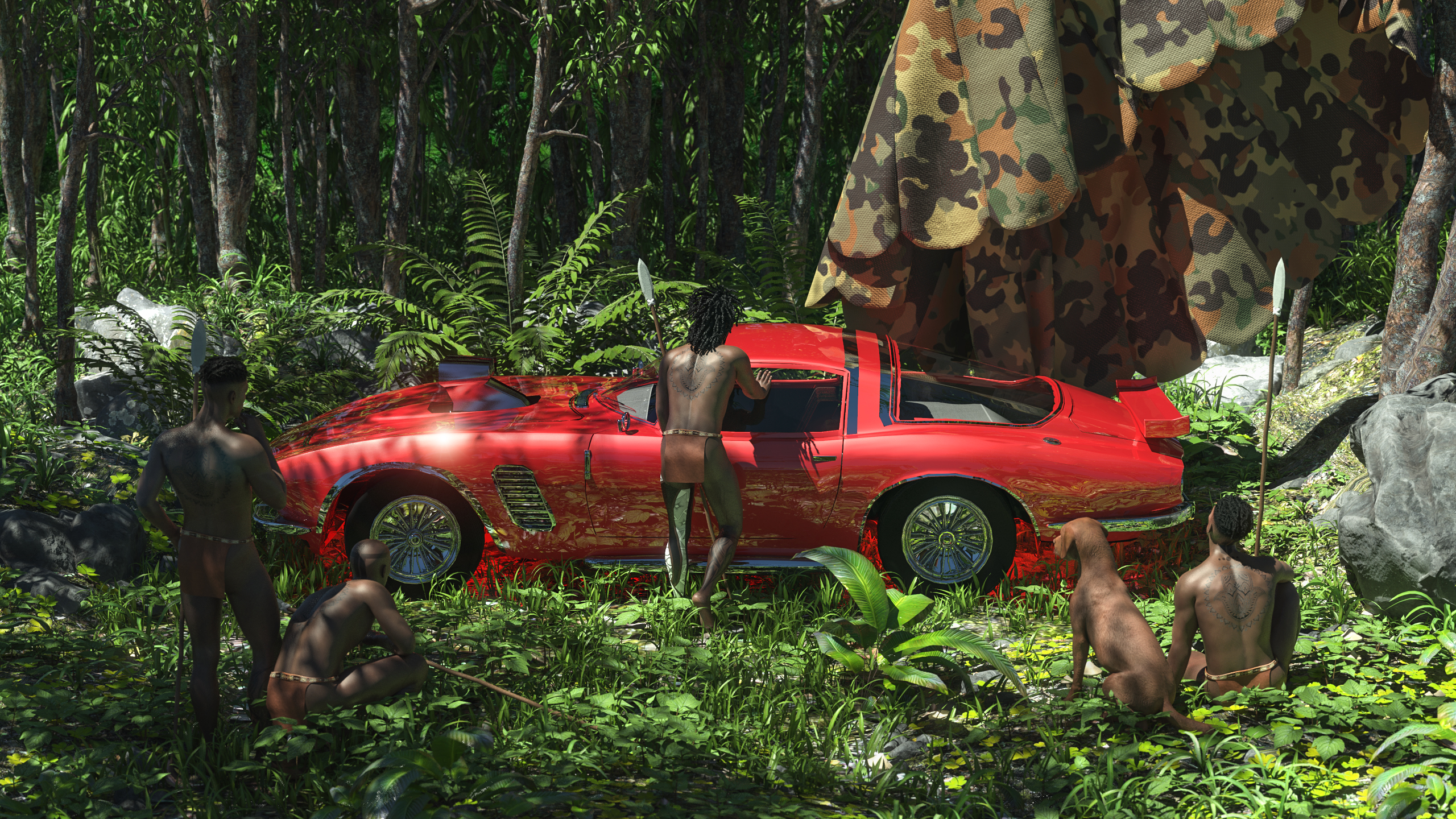 3D Render Daz 3D CGi Jungle Forest Wood Trees Plants Rocks Car Muscle Car Parachutes Tribe Tribesmen 2560x1440