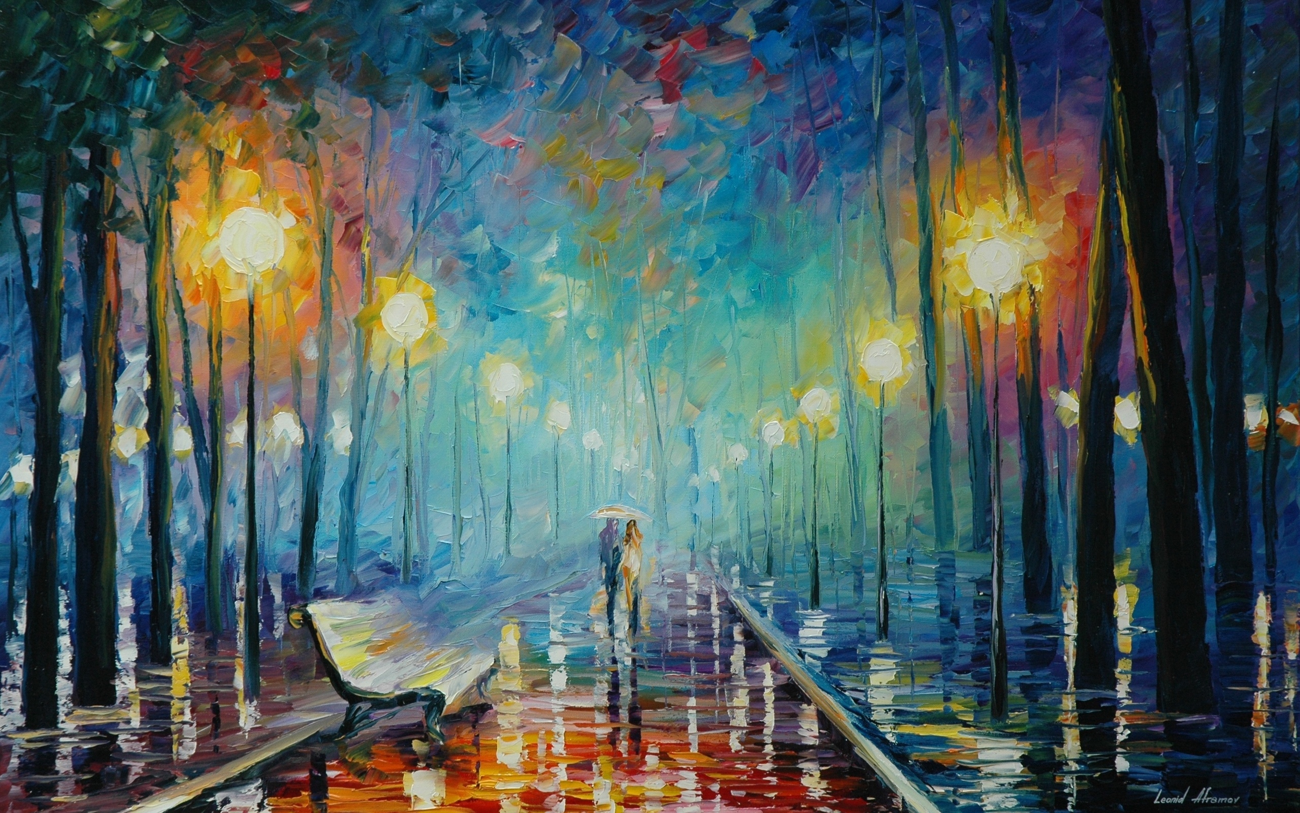 Lovers Rain Umbrella Trees Street Light Painting 2560x1600