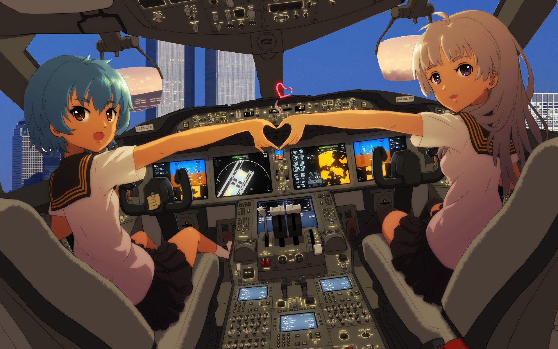 Anime Girls Airplane Schoolgirl World Trade Center 1920x1200