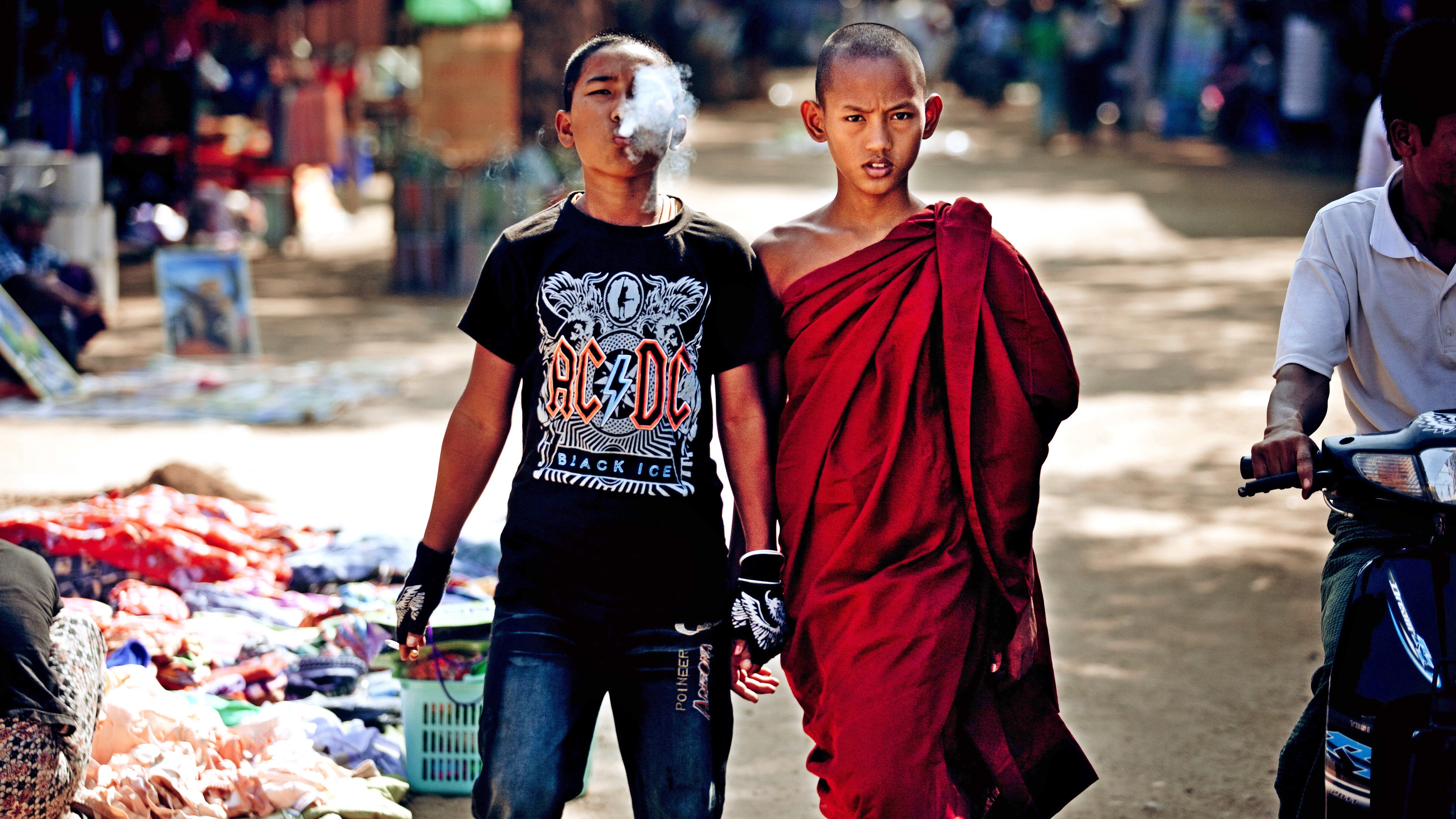 Children Smoke Monks Brothers Artwork 4368x2457