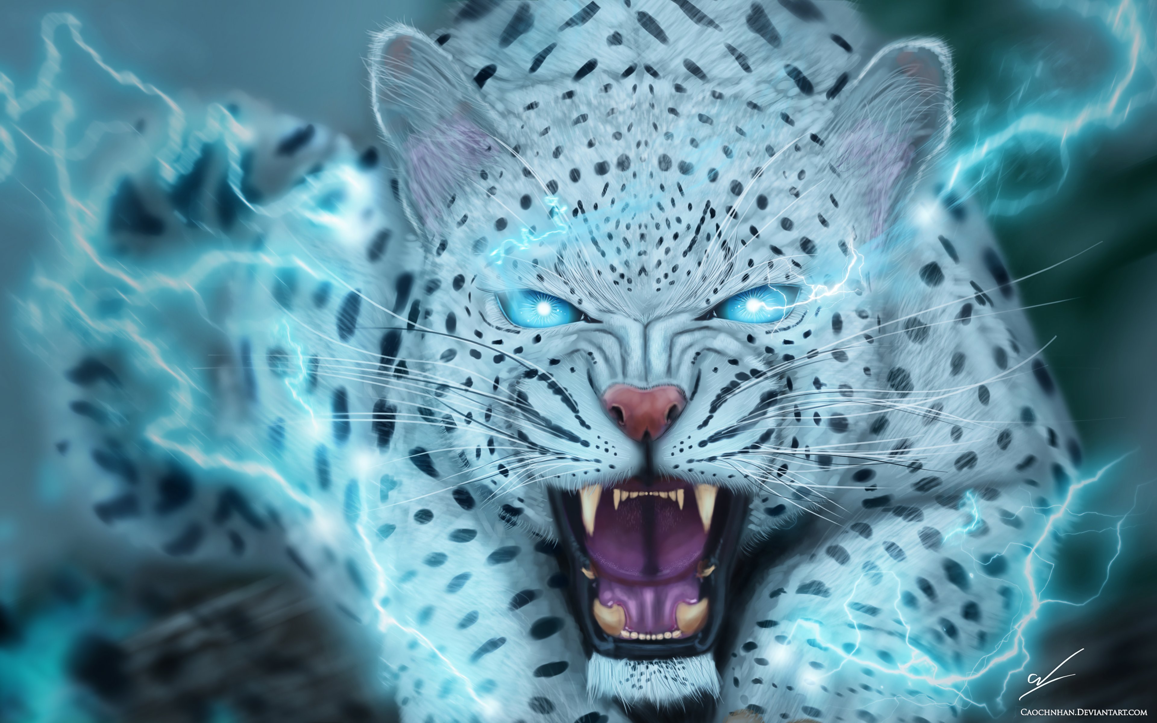 Leopard Snow Leopards Snow Leopard Animals Artwork Digital Art Fantasy Art Lightning Open Mouth Big  3840x2400