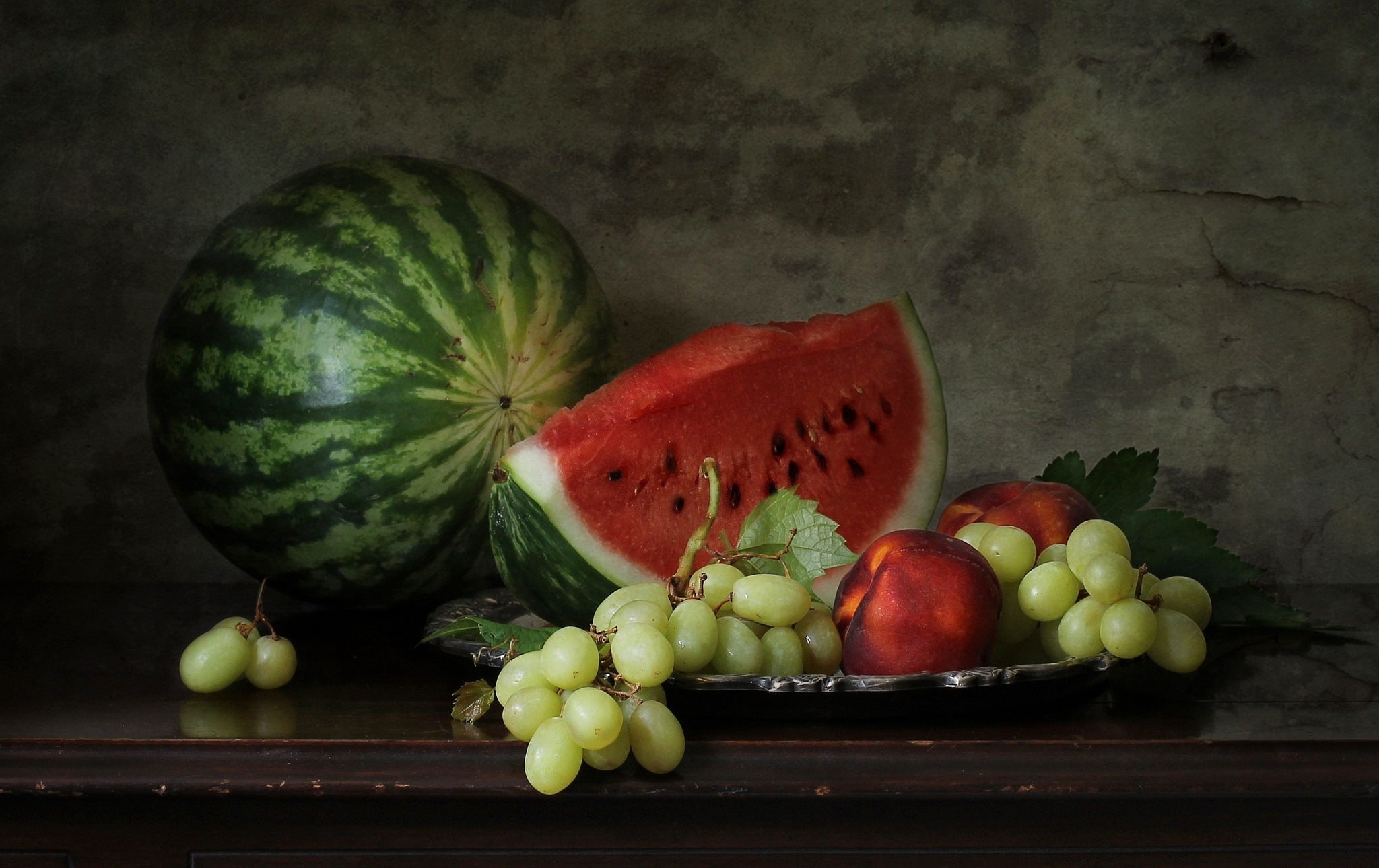 Still Life Melons Food Fruit Grapes Peaches Watermelons 2048x1290