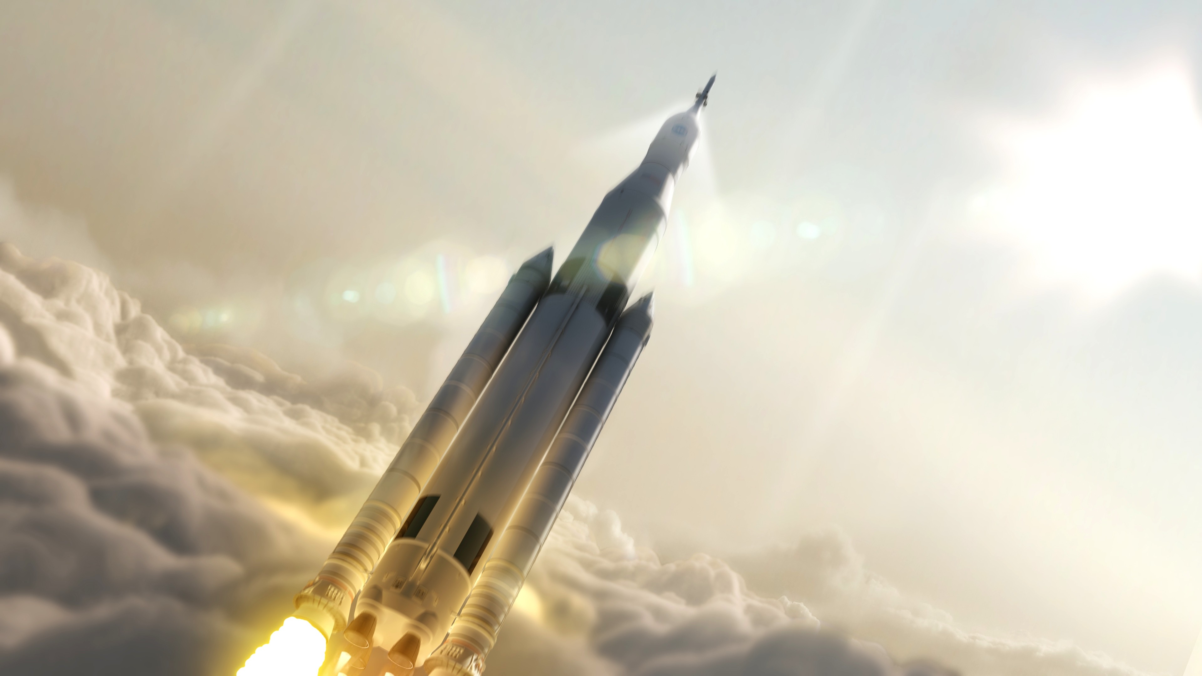 Digital Art Spaceship Rocket NASA Launch Clouds Sunlight Lens Flare Motion Blur Render 3840x2160