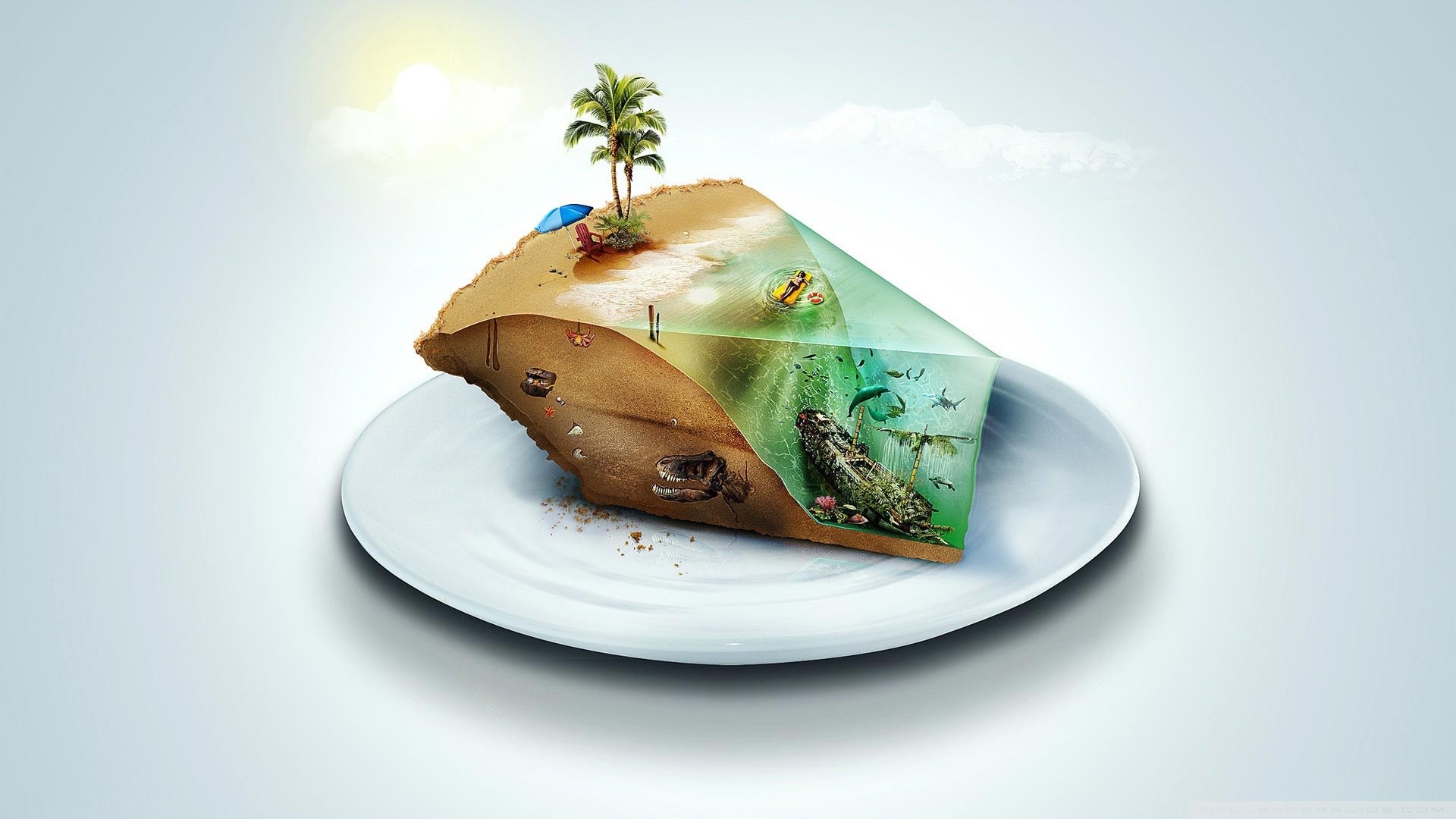 Digital Art Piece Of Cake Beach Shipwreck Palm Trees Dinosaurs Fish Tropic Island Tropical Water 1920x1080