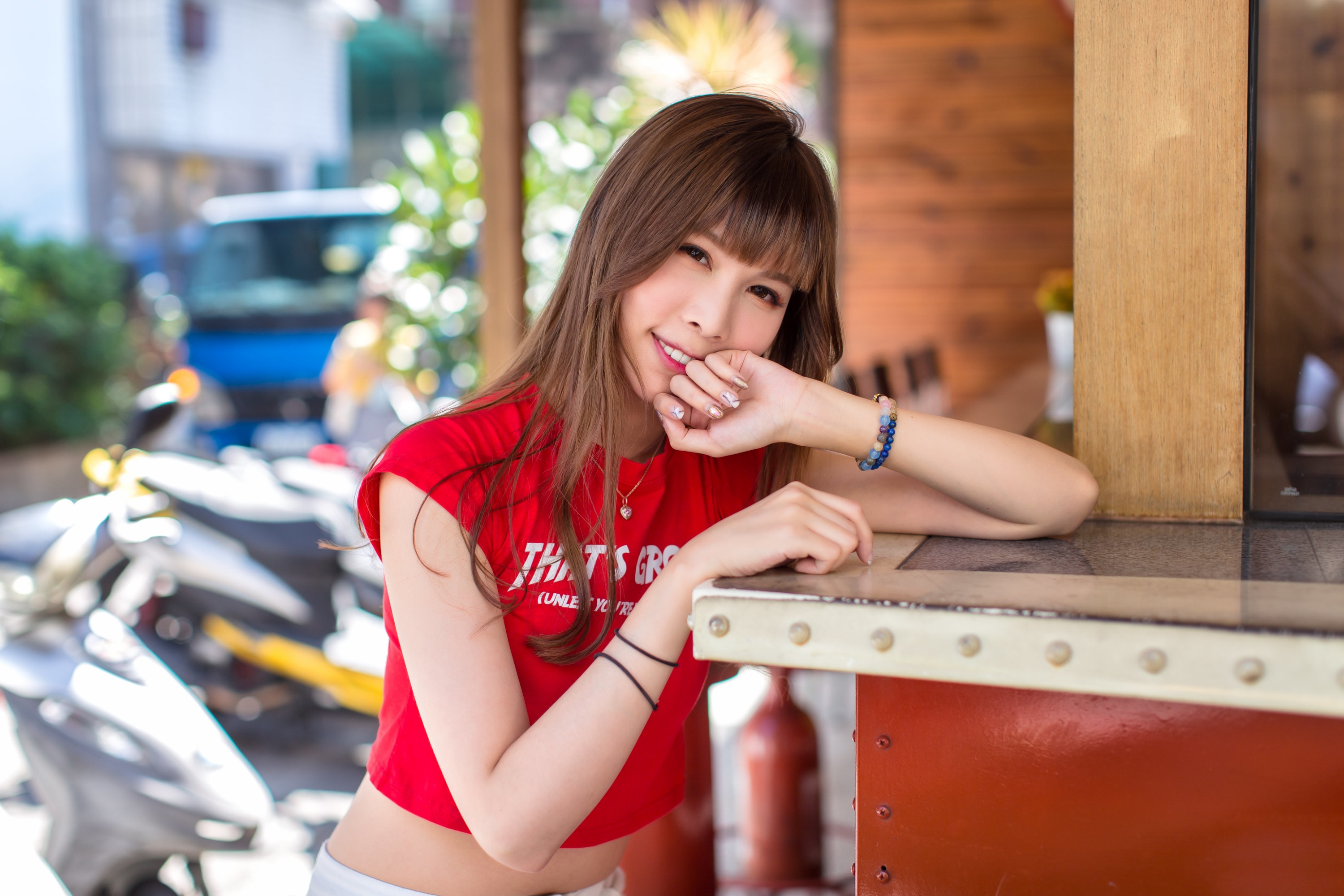 Asian Women Model Brunette Long Hair Depth Of Field Bracelets Leaning Red Tops White Skirt Looking A 3000x2000