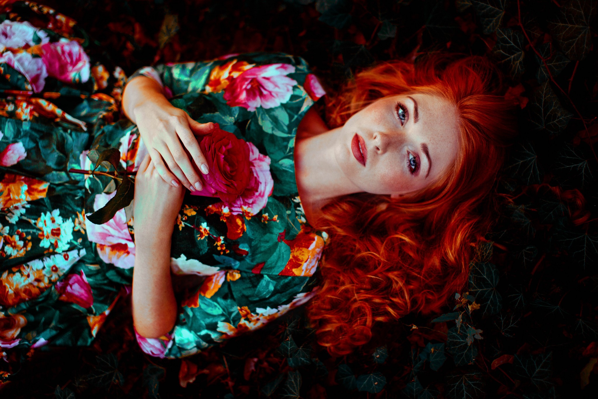 Women Redhead Blue Eyes Red Lipstick Flowers Rose Dress Looking At Viewer Hands On Chest 2048x1365