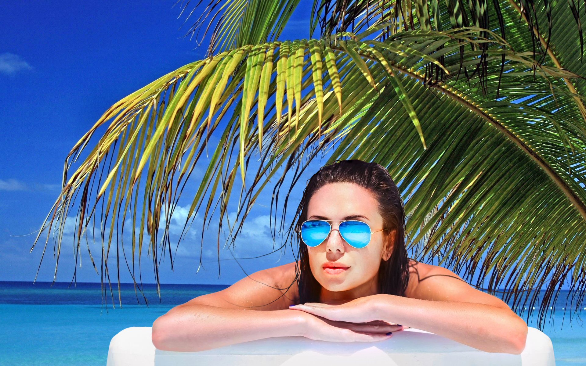 Azure Sunglasses Palm Tree Horizon Turquoise Tropical Blue Summer Anya Slavalee 1920x1200