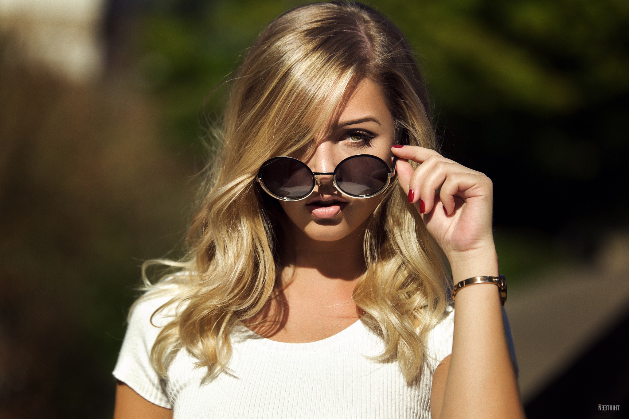 Women Face Blonde Women With Glasses Sunglasses Depth Of Field Red Nails Portrait Touching Glasses L 2048x1365