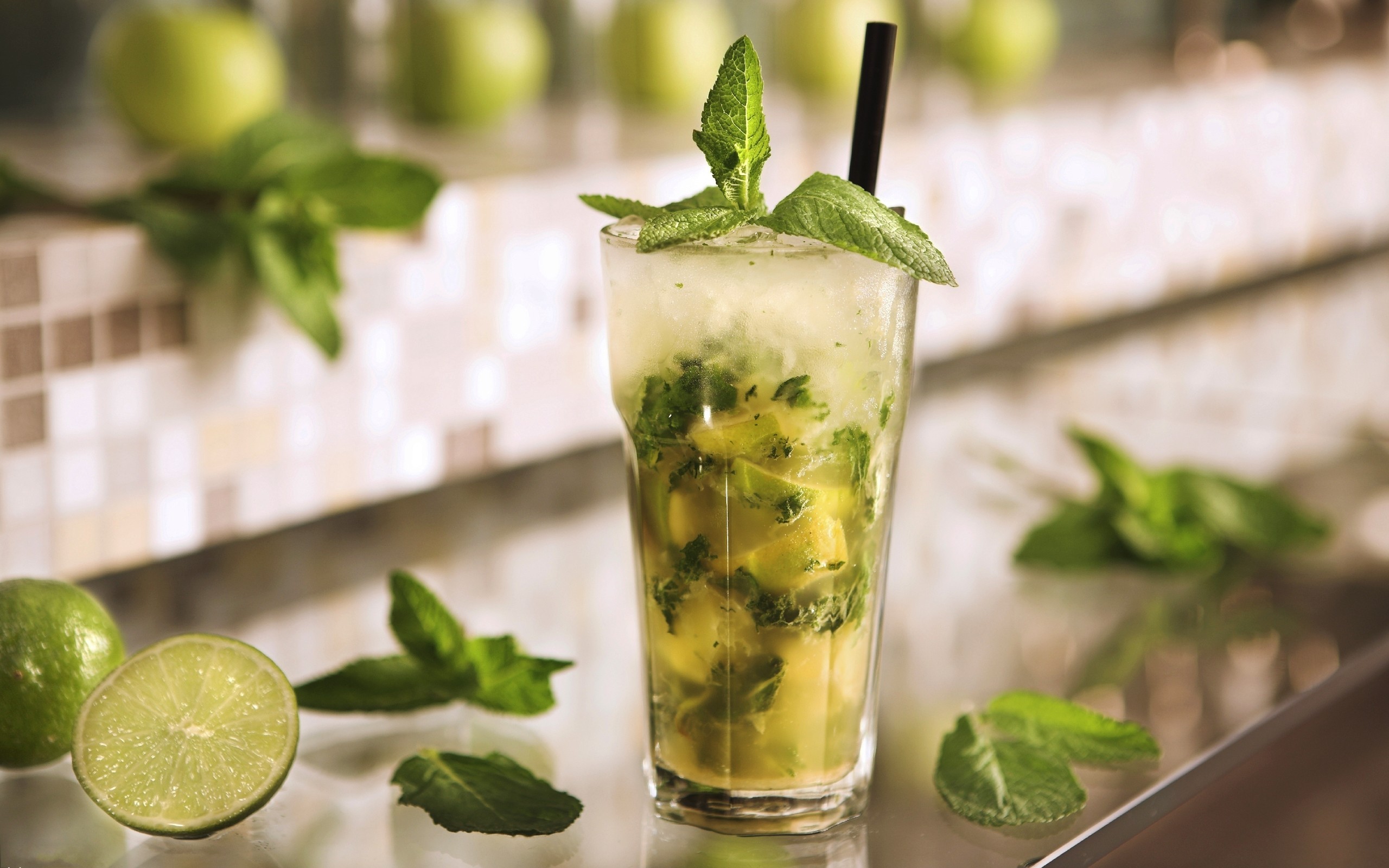 Drink Cocktails Drinking Glass Green Mint Leaves Mint Limes 2560x1600