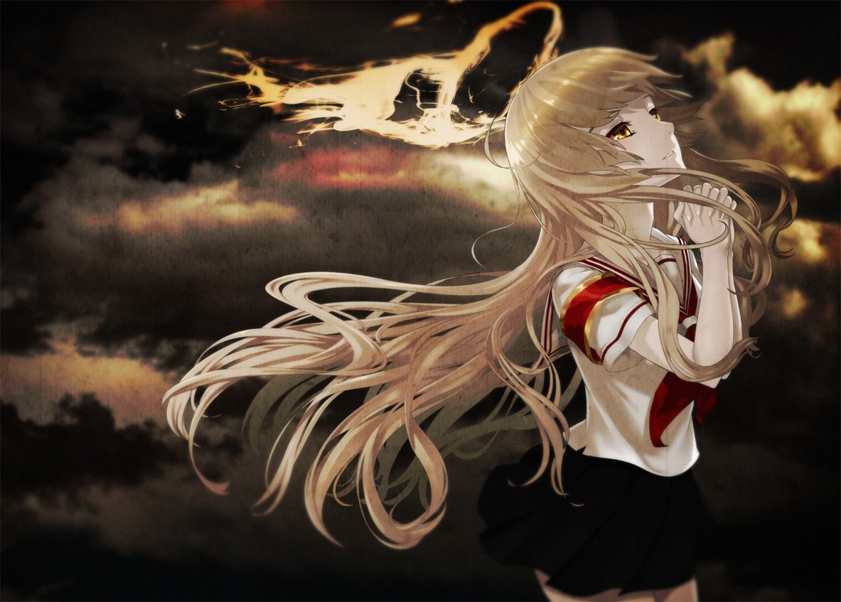 Clouds Long Hair Polychrome School Uniform Skirt Yellow Eyes Blonde 1183x847