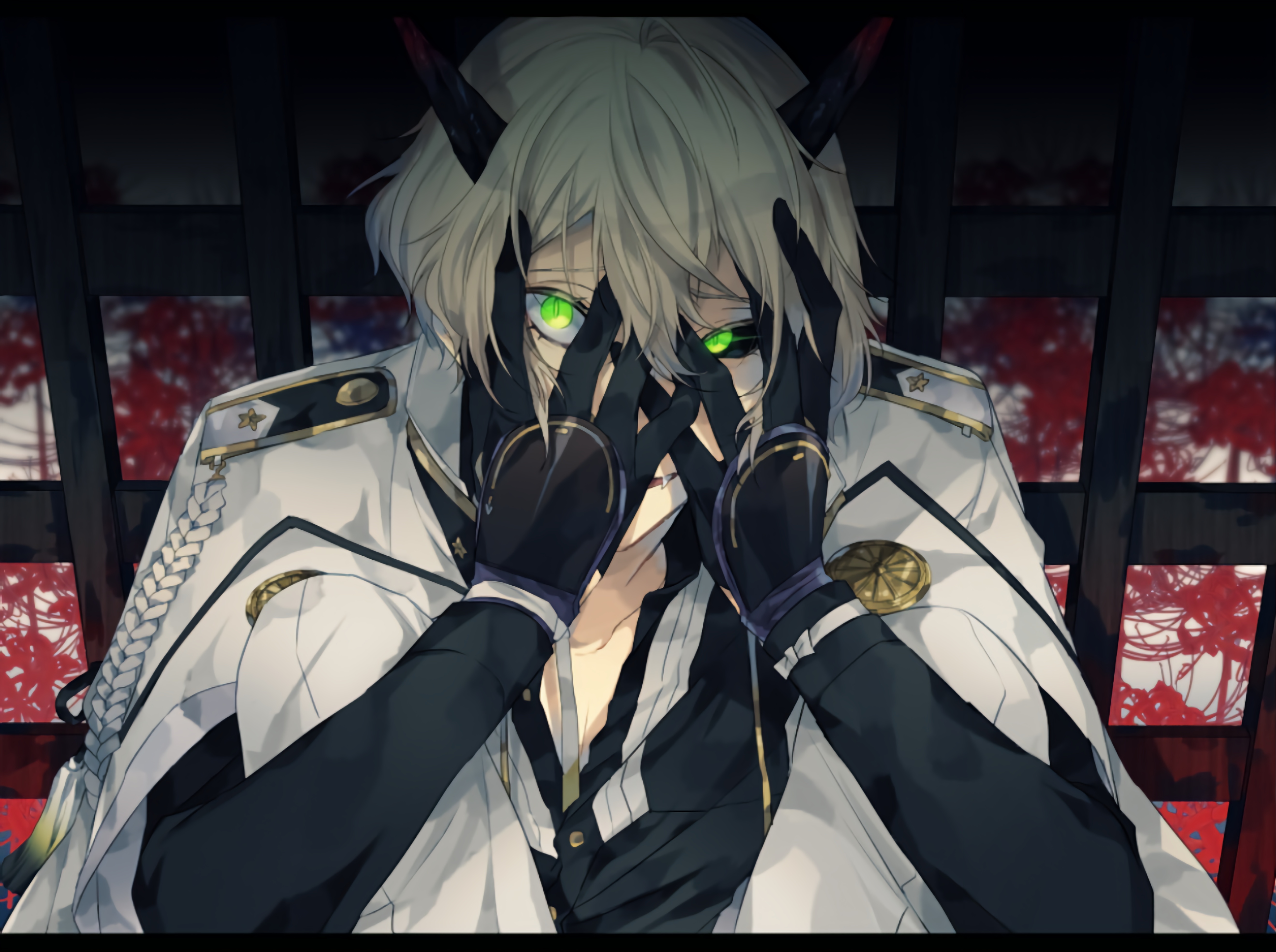 Hand On Face Horns Touken Ranbu Blonde Crazy Face Green Eyes Anime Male  Spider Lilies Fangs Glowing Wallpaper - Resolution:5280x3940 - ID:139525 -  