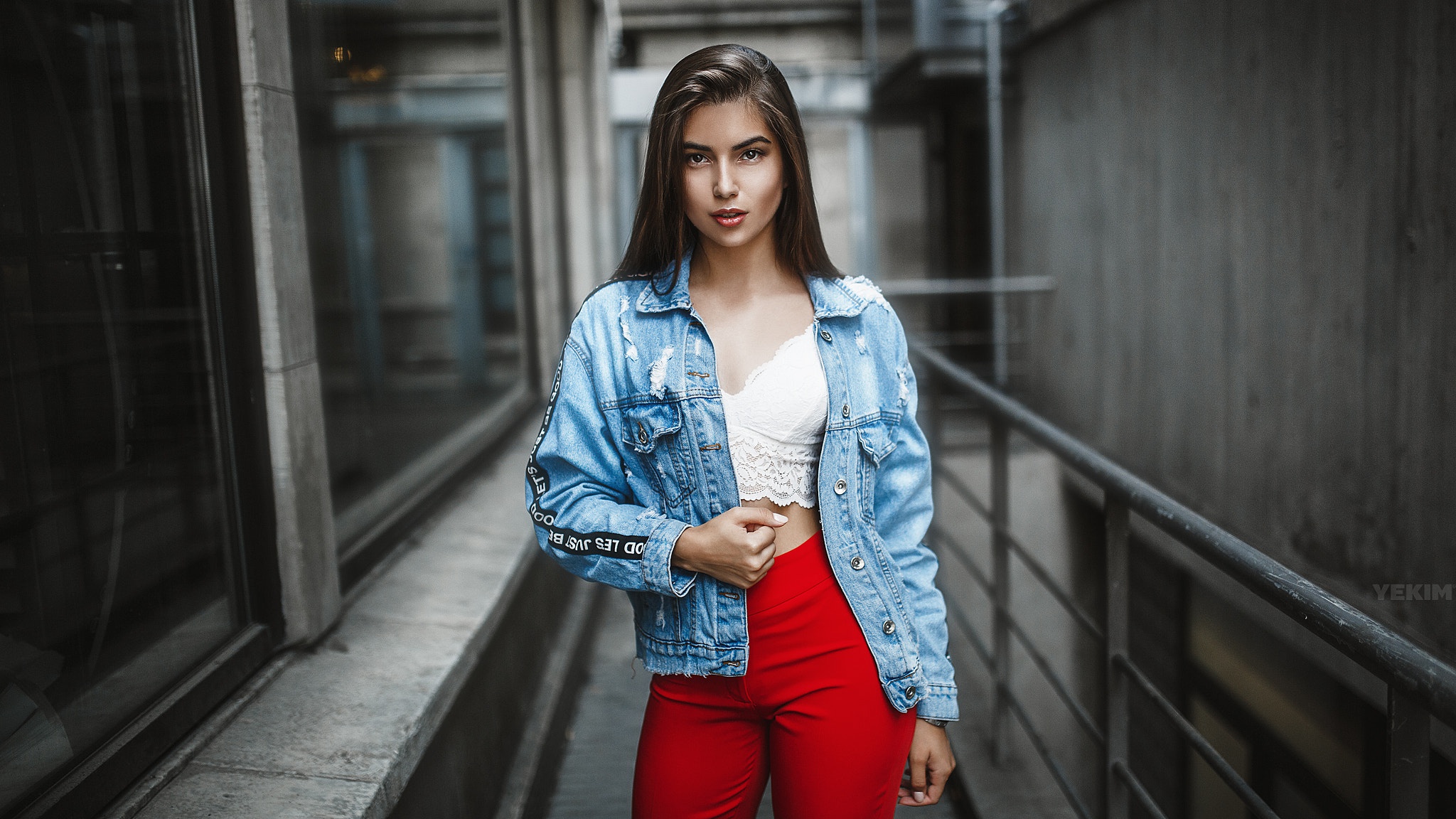Women Dark Hair Portrait Model Jeans Jacket Red Pants Short Tops Brunette Mikhail Yekim 2048x1152