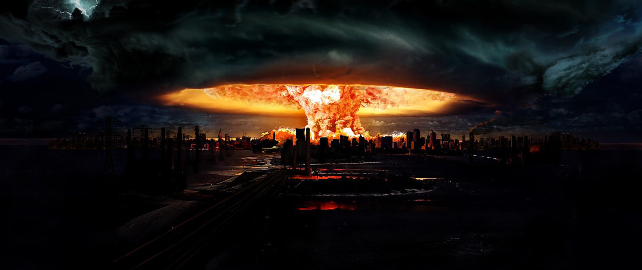 Ultra Wide Photography Dark Apocalyptic Mushroom Clouds Explosion 2560x1080
