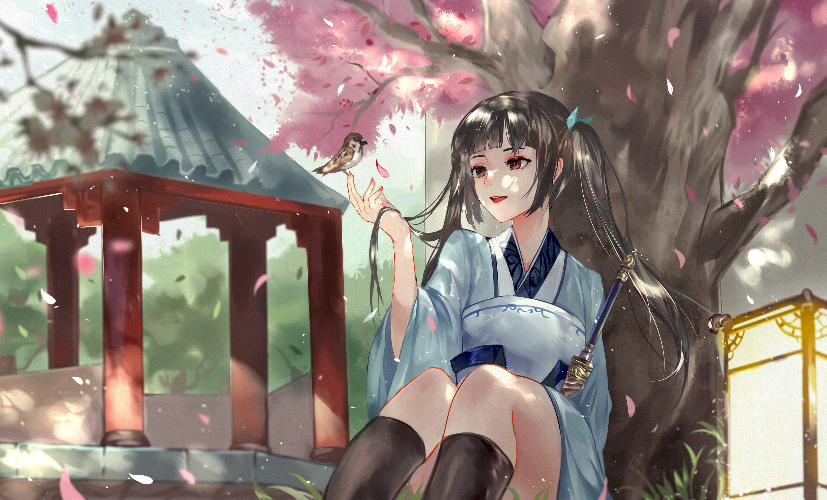 Anime Girls Original Characters Women Black Hair Long Hair Twintails Smiling Kimono Sitting Birds En 3500x2116