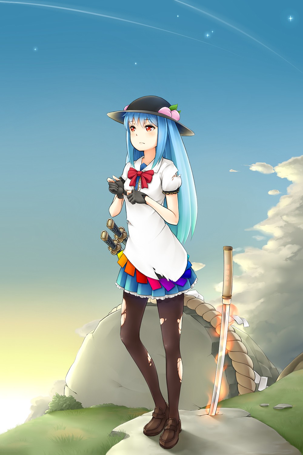Hinanawi Tenshi Touhou Anime Girls Sword Weapon Dress Skirt Long Hair Nature Blue Hair Hat Sky Orang 1000x1500