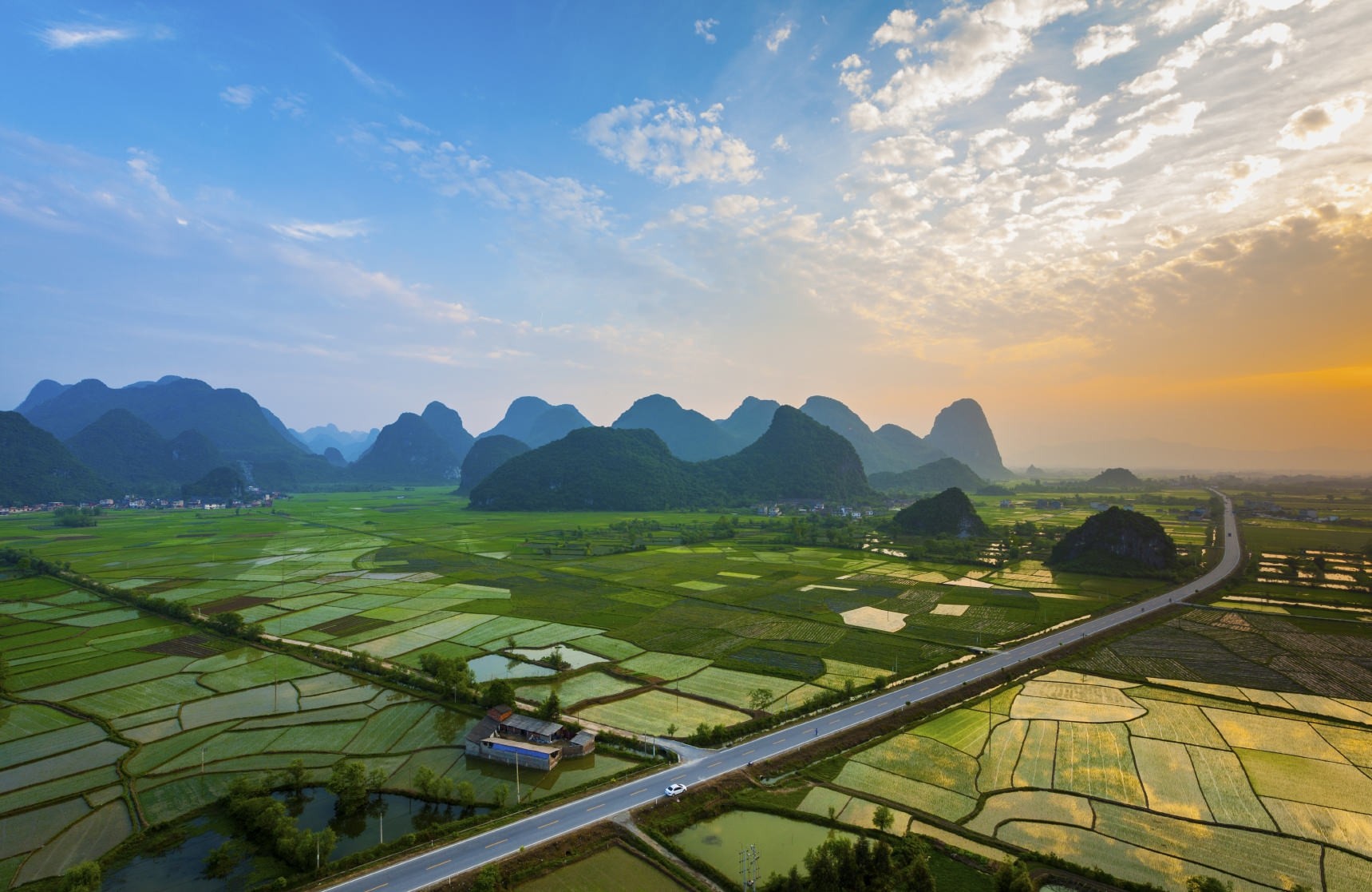 Landscape Photography Nature Field Mountains Sunset Road Clouds Village Guilin China Rice Paddy 1719x1117