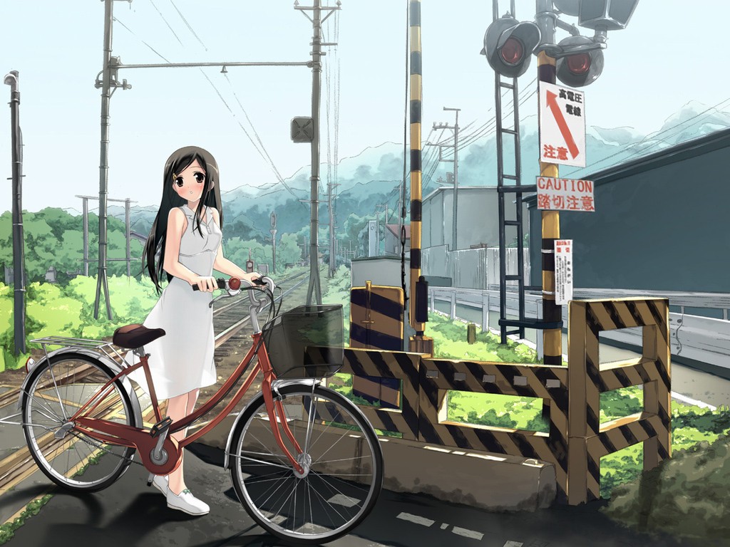 City Bicycle Anime Girls Railway Crossing Anime 1024x768