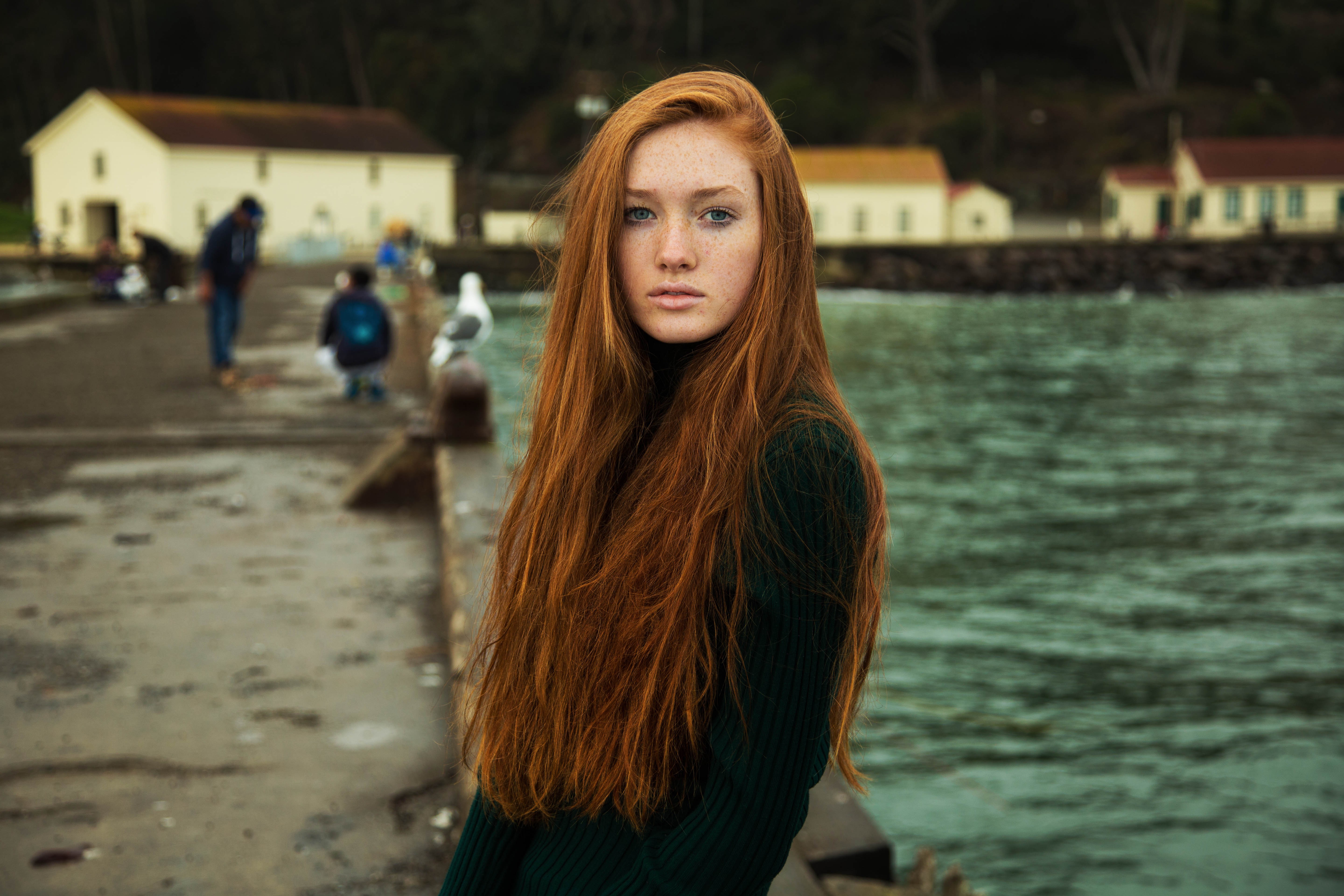 Redhead Freckles Women Long Hair Women Outdoors Sweater Sea Blue Eyes Looking At Viewer Mihaela Noro 5760x3840