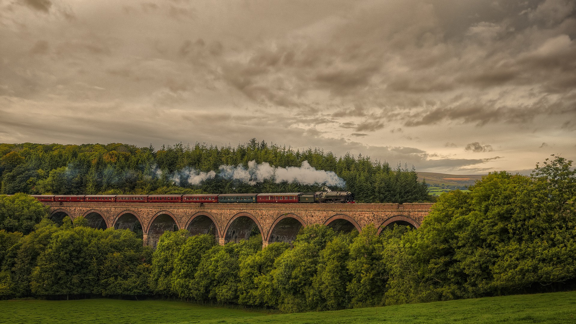 Nature Landscape Trees Forest England UK Hills Sky Clouds Viaduct Bridge Railway Train Steam Locomot 1920x1080