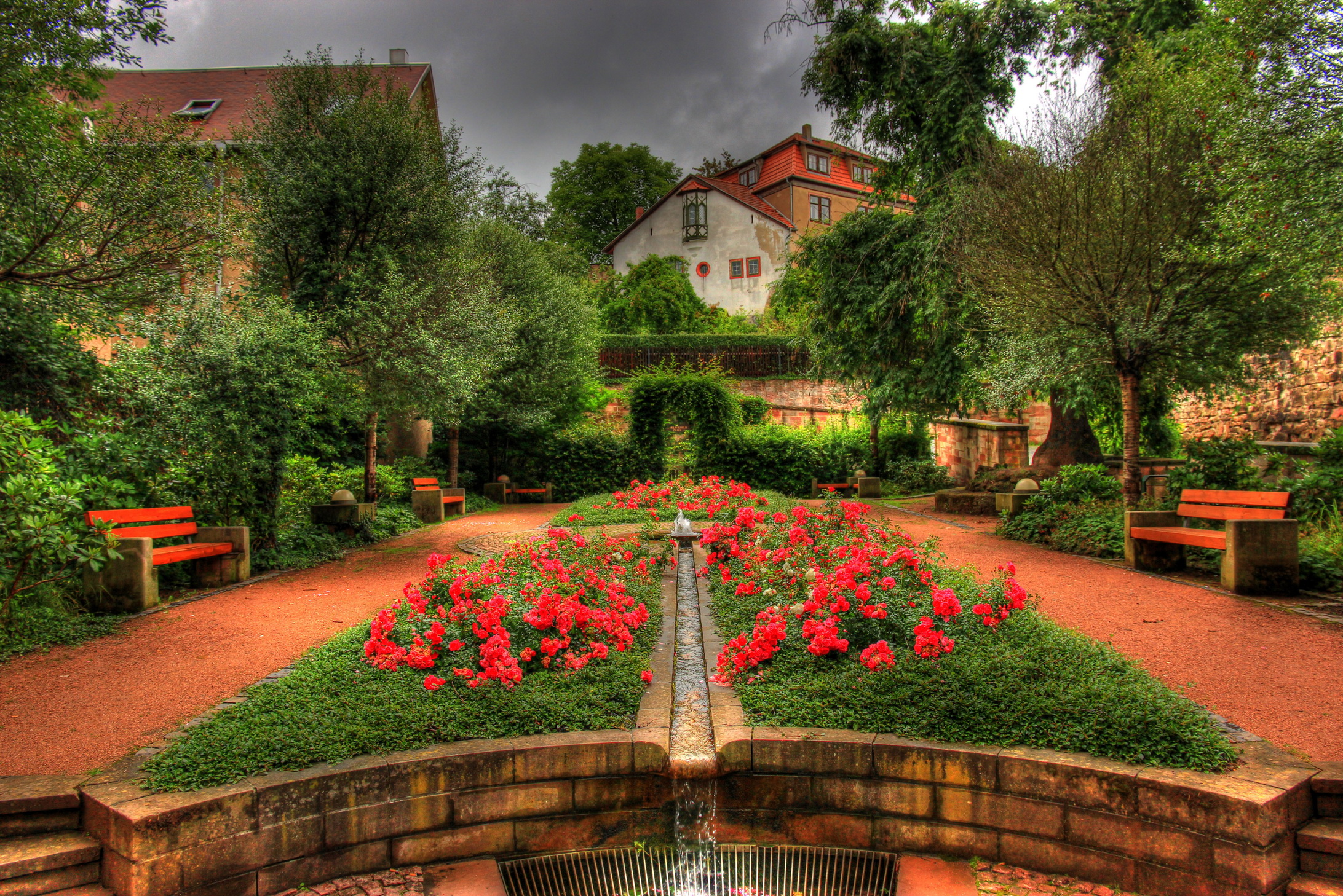 Man Made House Garden Flower Tree Courtyard Bench Colors Colorful HDR 2184x1458