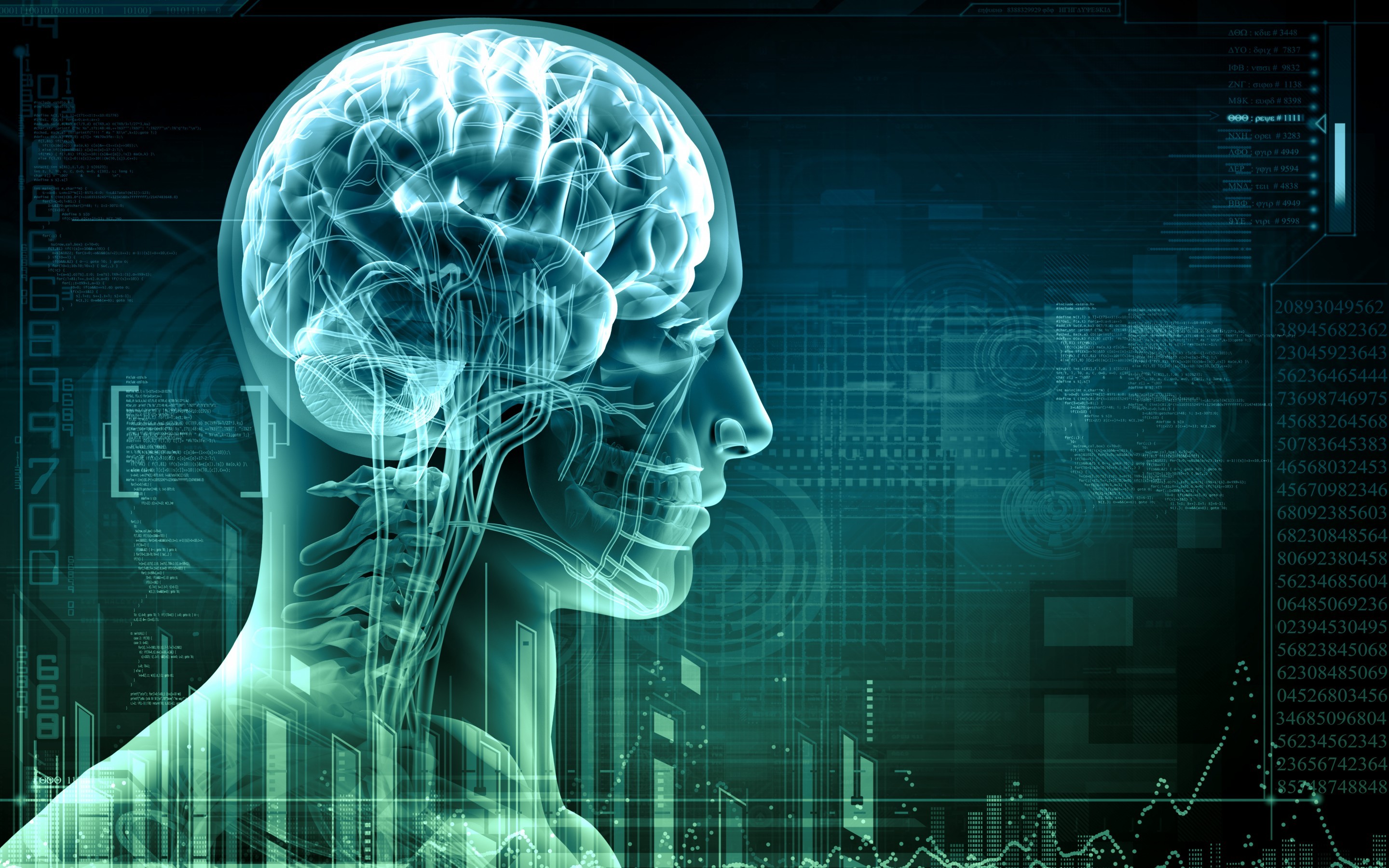 Digital Art Numbers Technology Binary Code Computer Face People X Rays Skull Brain Bones Spine Circl 2880x1800