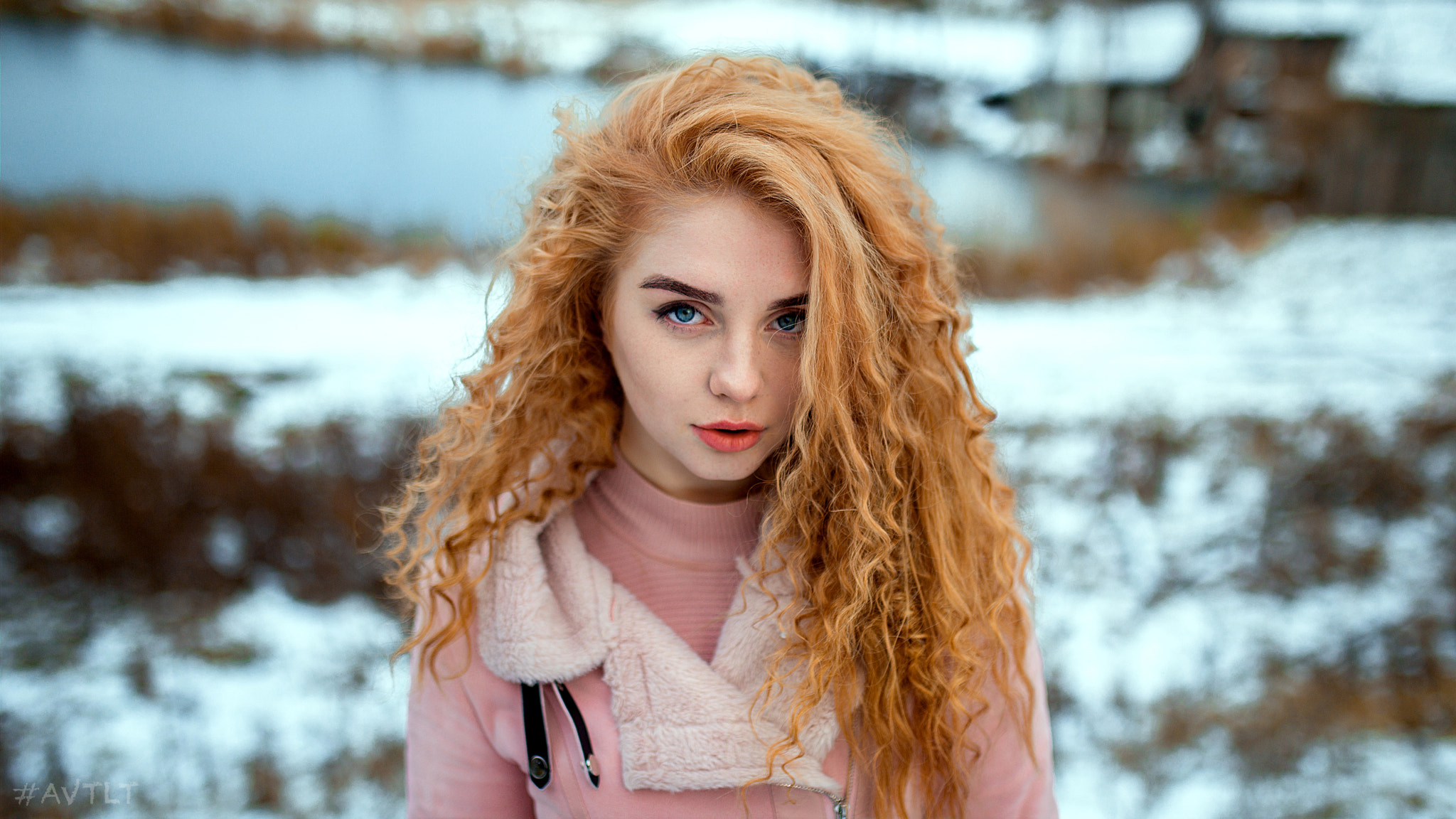 Women Blue Eyes Portrait Snow Women Outdoors Pink Jacket Pink Sweater Aleksandr Suhar Jacket Curly H 2048x1152